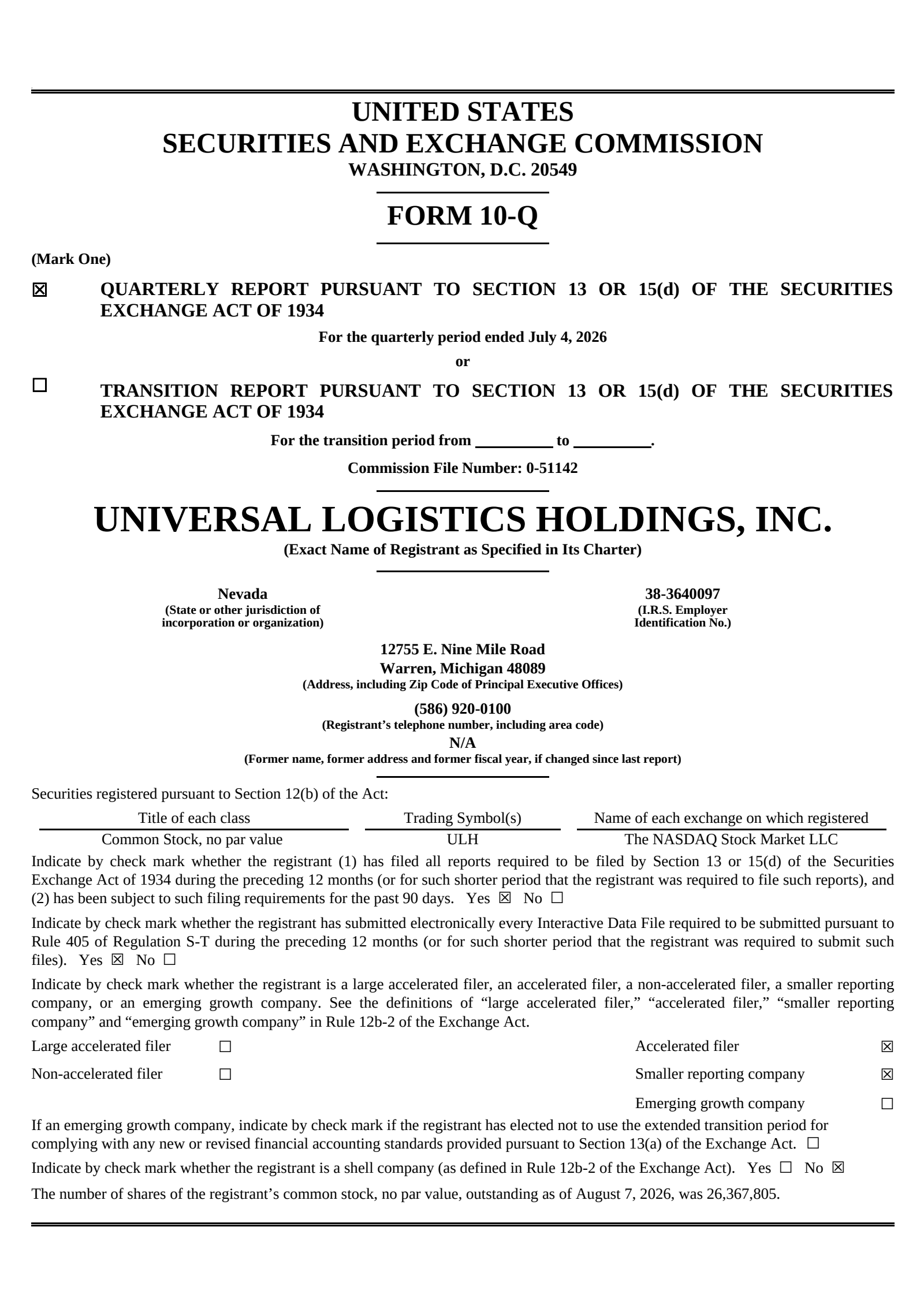 Universal Logistics' Q2 2026 Quarterly report