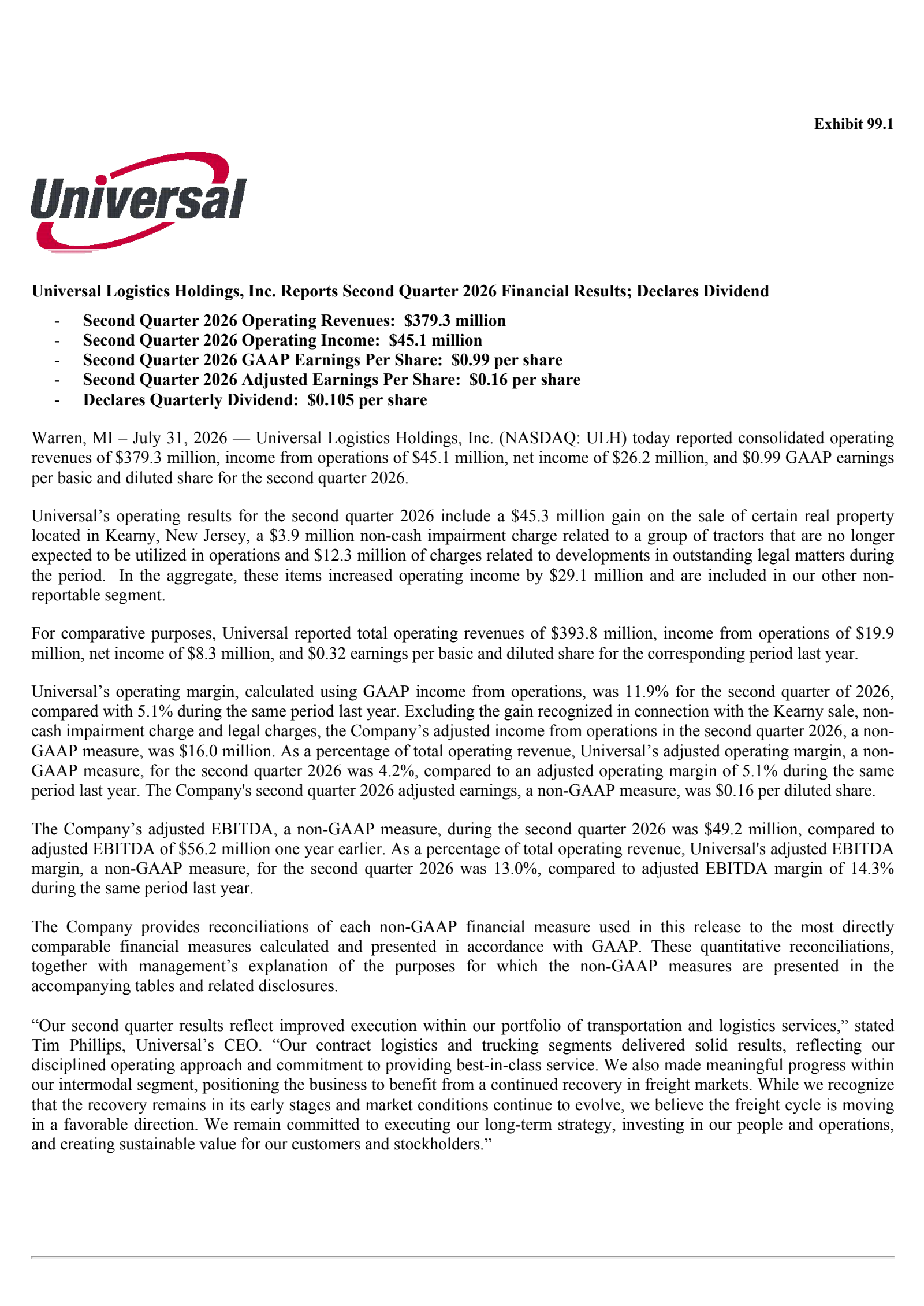 Universal Logistics' Q2 2026 Press Release