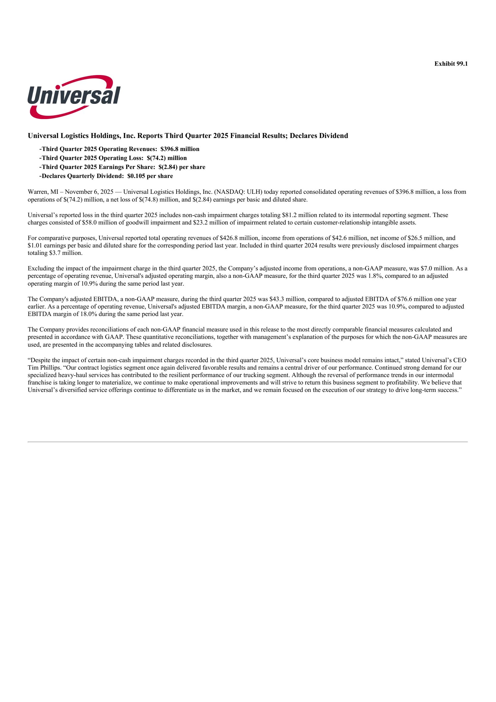 Universal Logistics' Q3 2025 Earnings Release