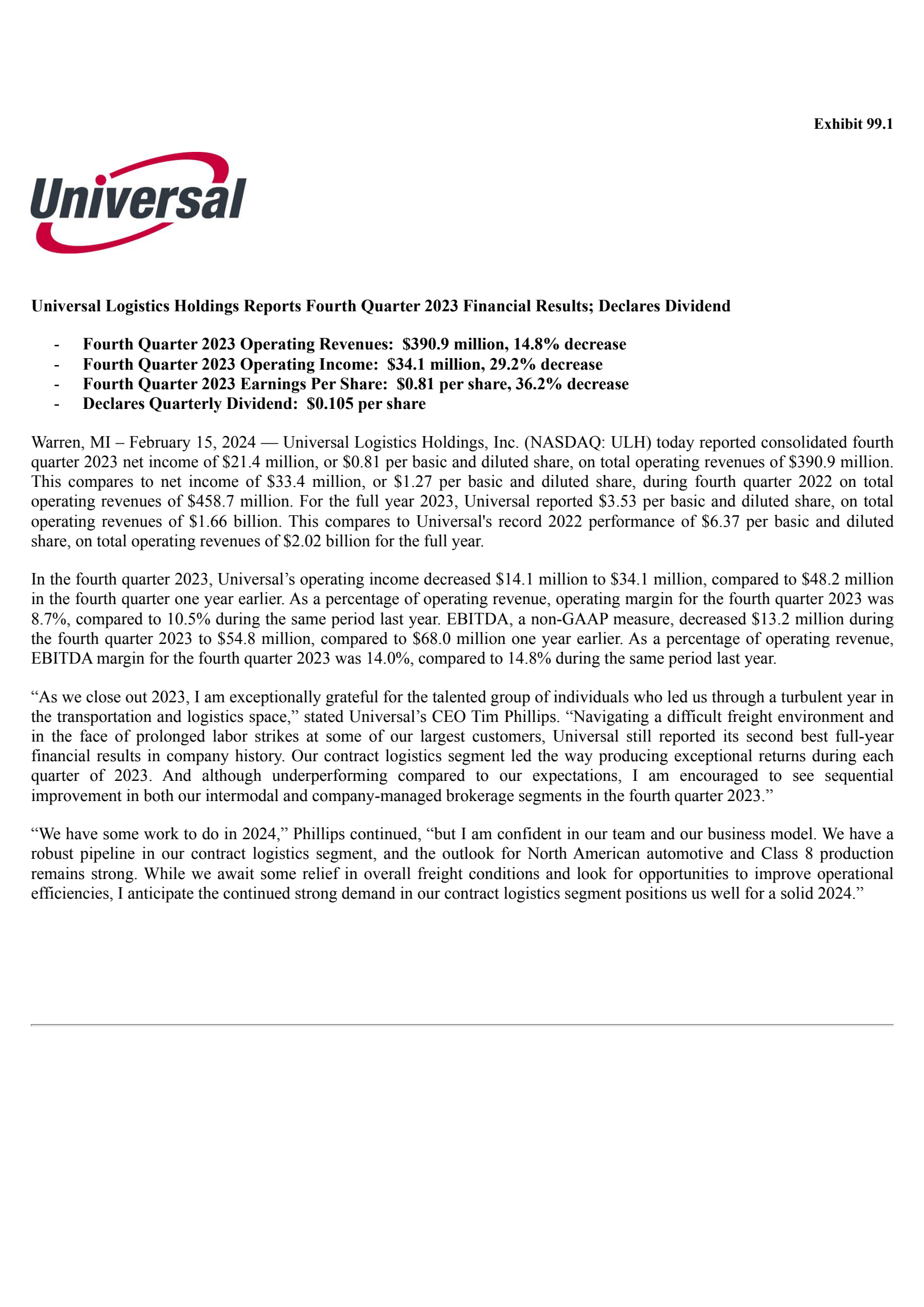Universal Logistics' Q4 2023 Press Release