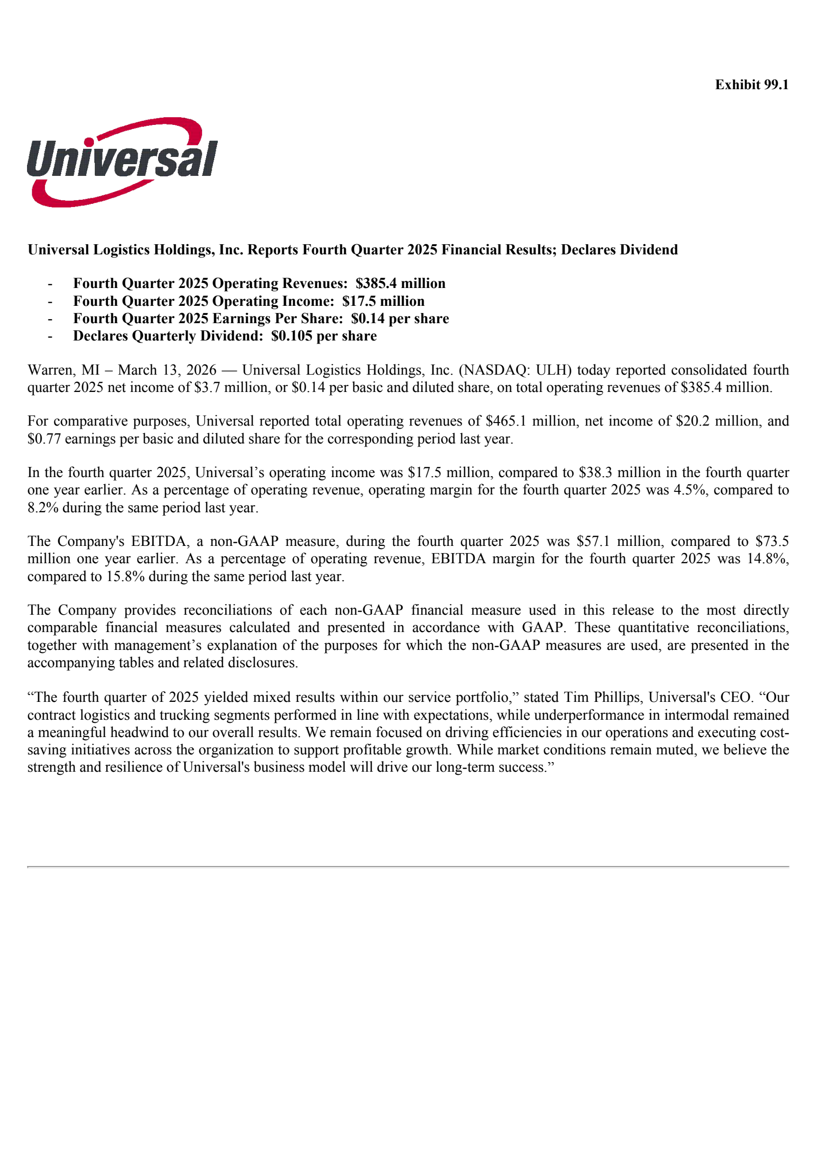 Universal Logistics' Q4 2025 Press Release