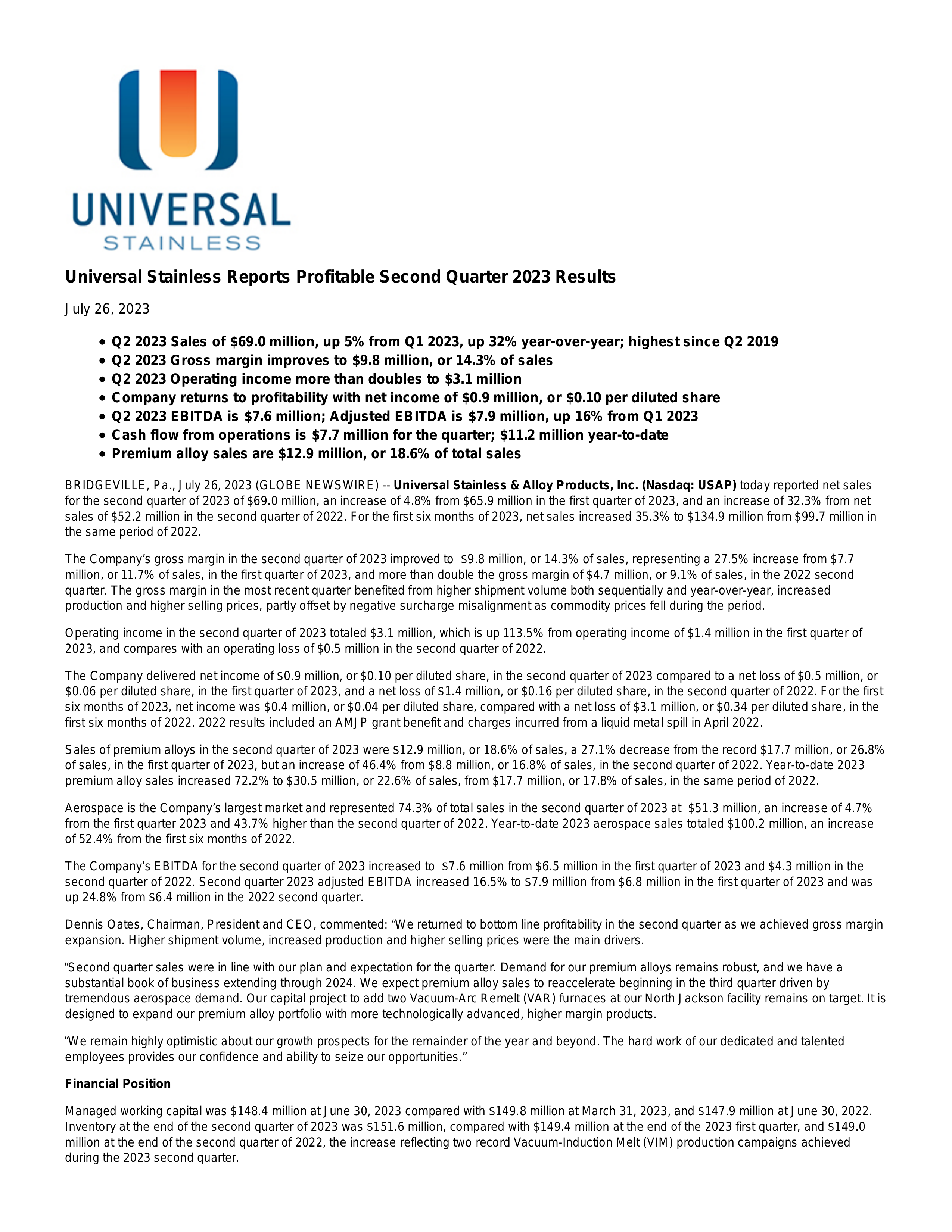 Universal Stainless & Alloy Products' Q2 2023 Press Release