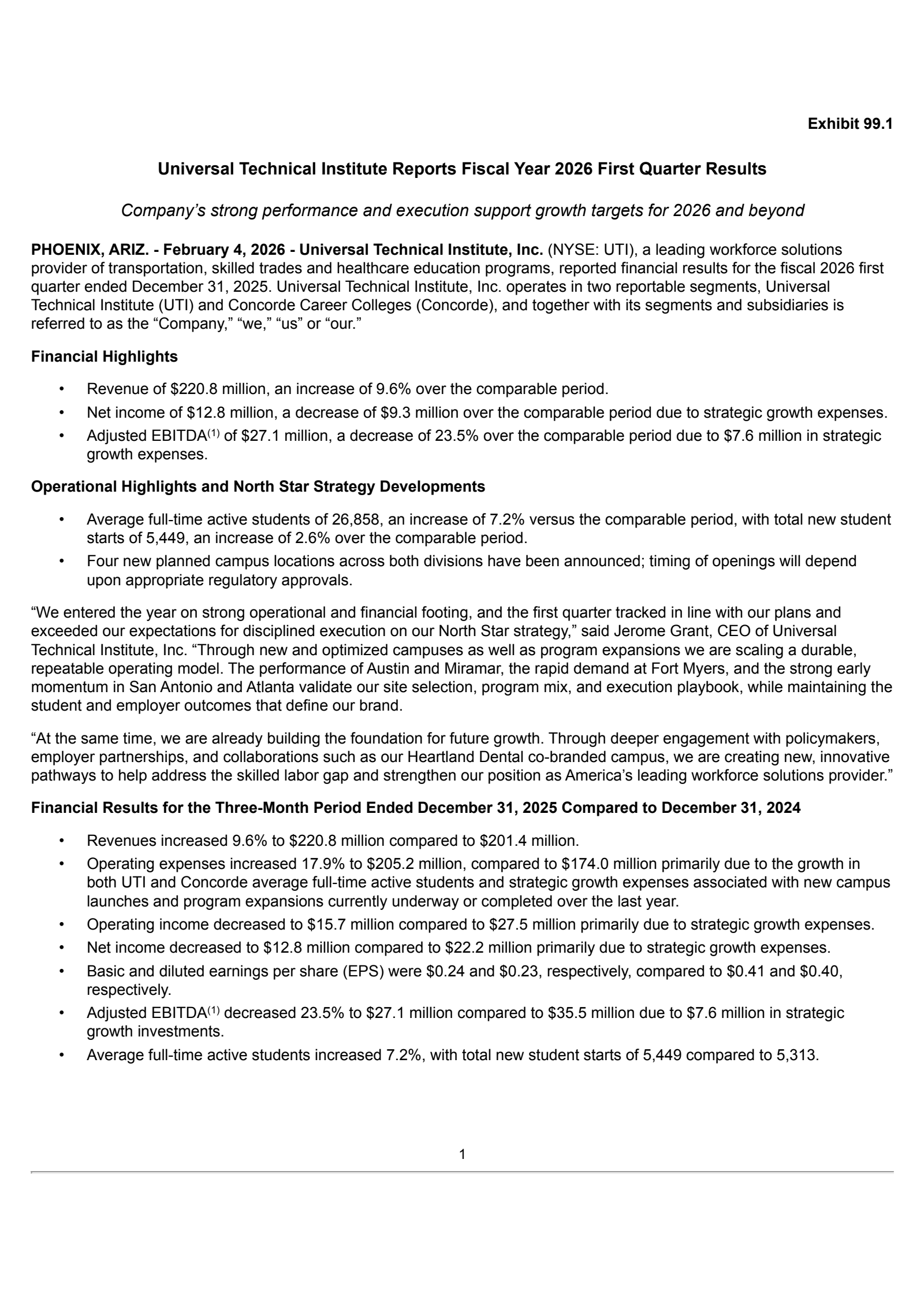 Universal Technical Institute's Q1 2026 Press Release