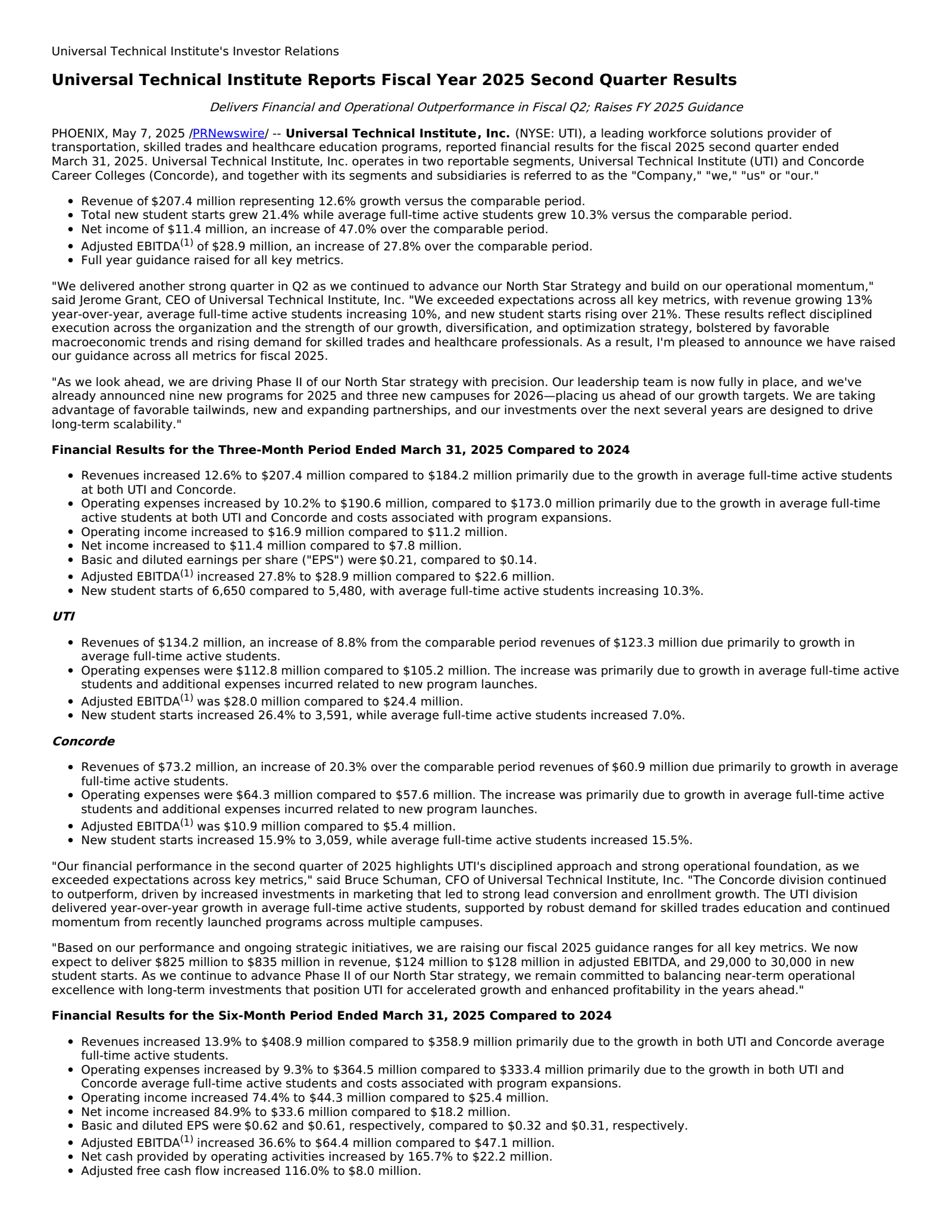 Universal Technical Institute's Q2 2025 Press Release