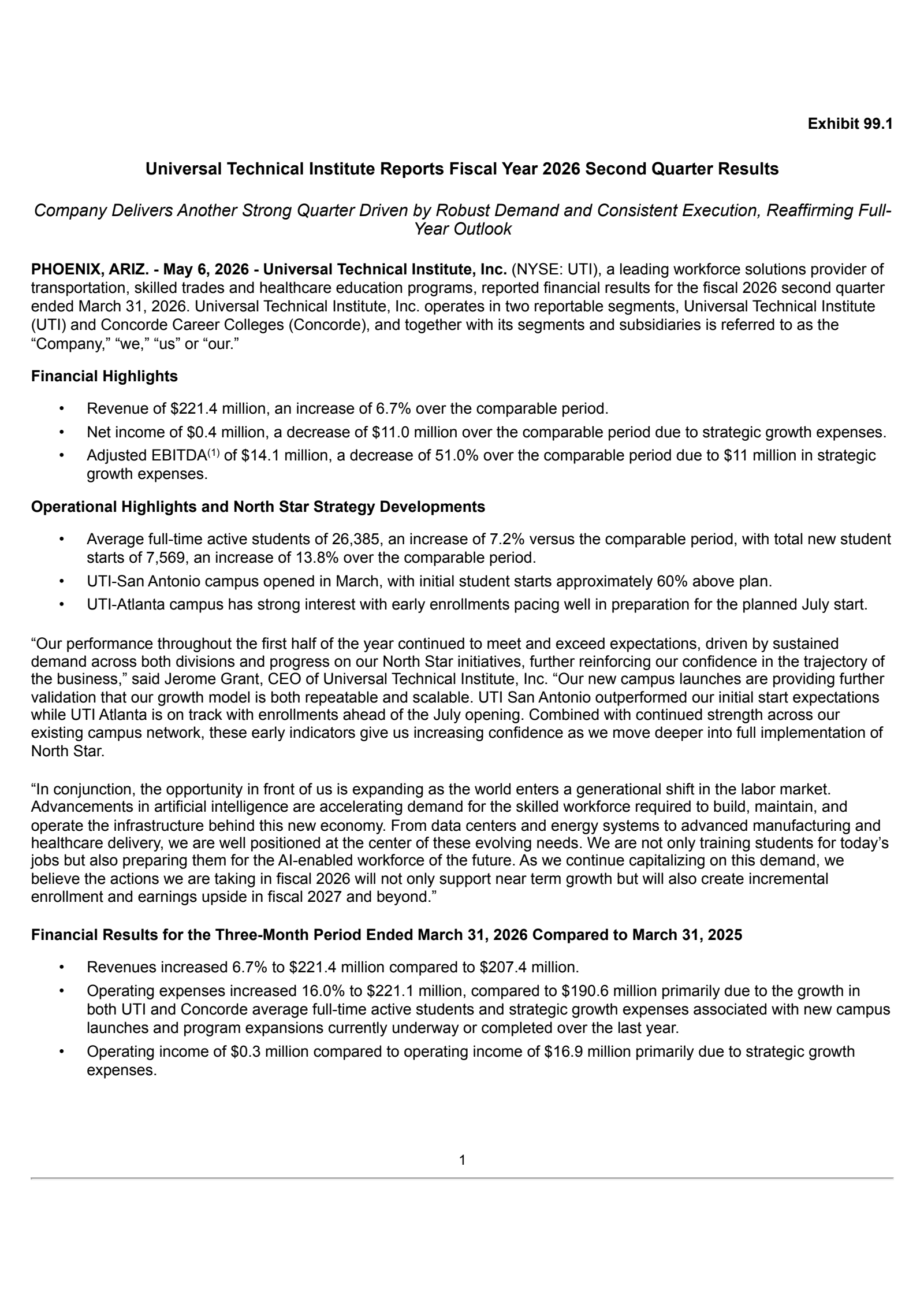 Universal Technical Institute's Q2 2026 Press Release