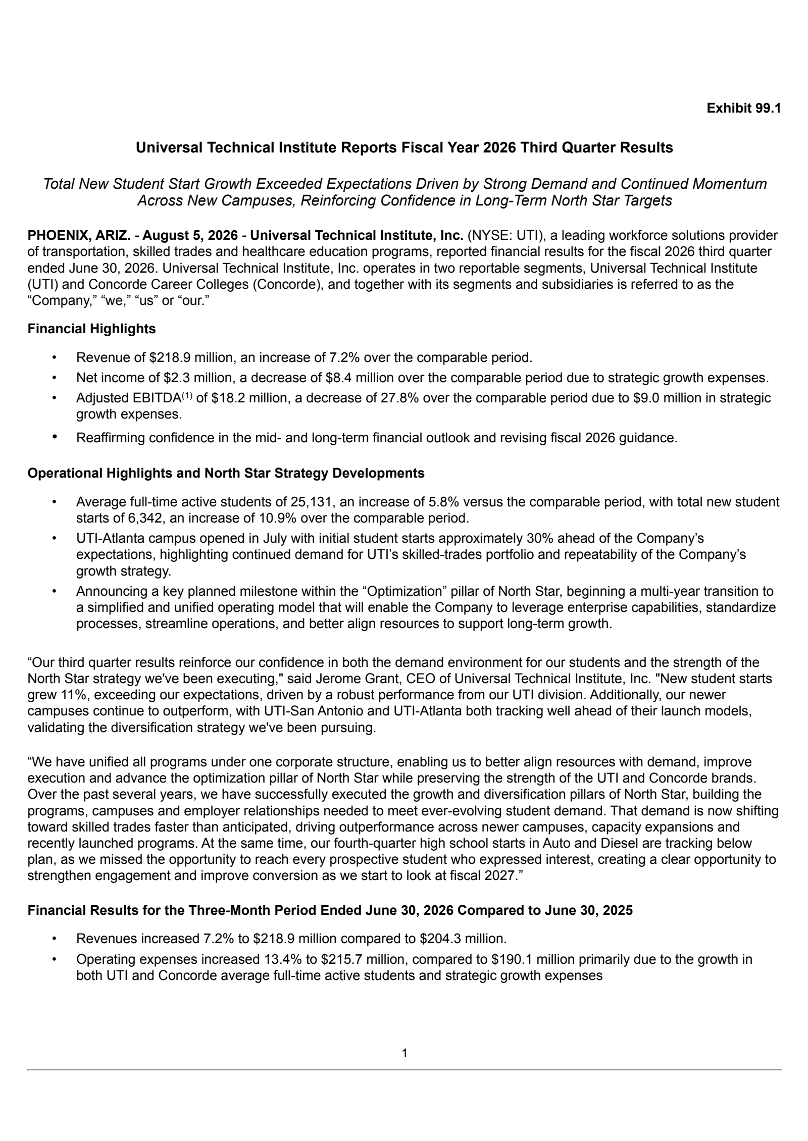 Universal Technical Institute's Q3 2026 Press Release