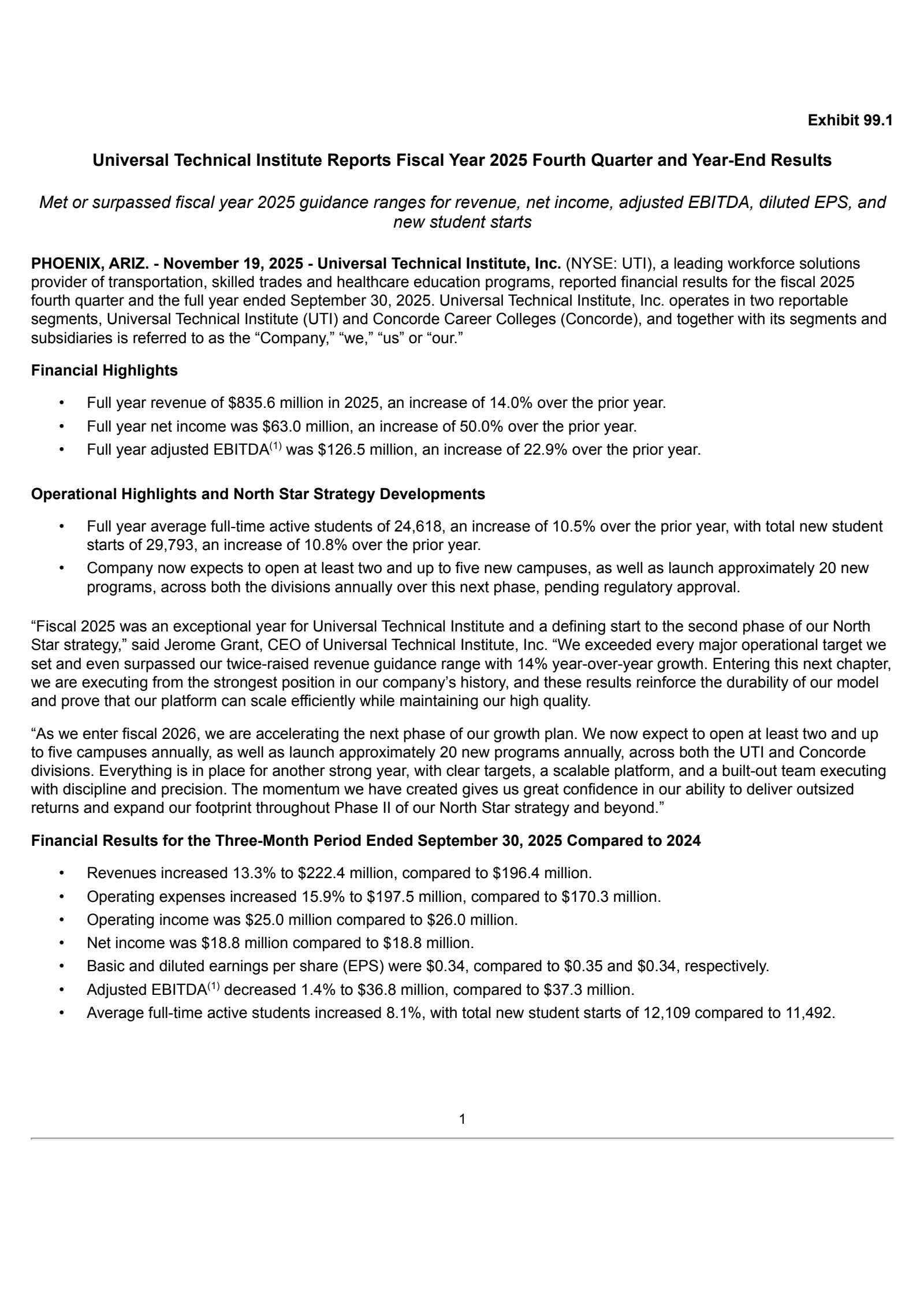 Universal Technical Institute's Q4 2025 Earnings Release