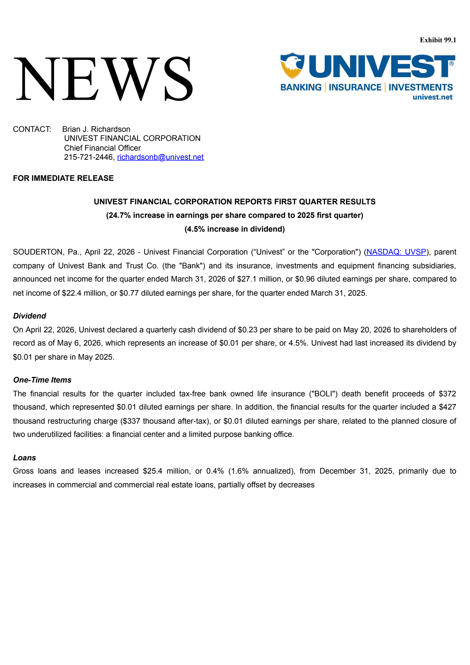 Univest Corporation of Pennsylvania's Q1 2026 Press Release