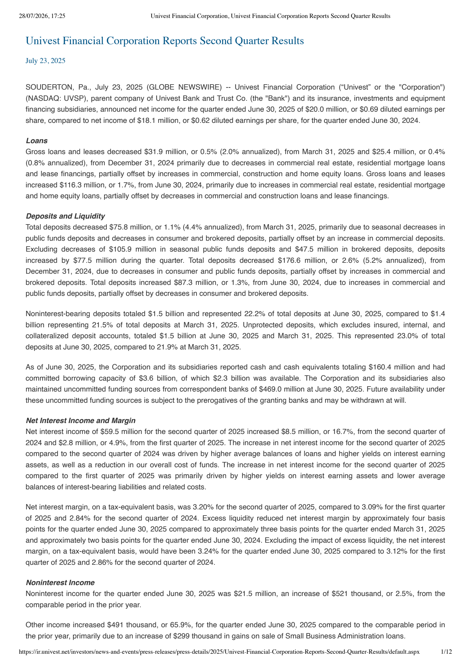 Univest Corporation of Pennsylvania's Q2 2025 Press Release