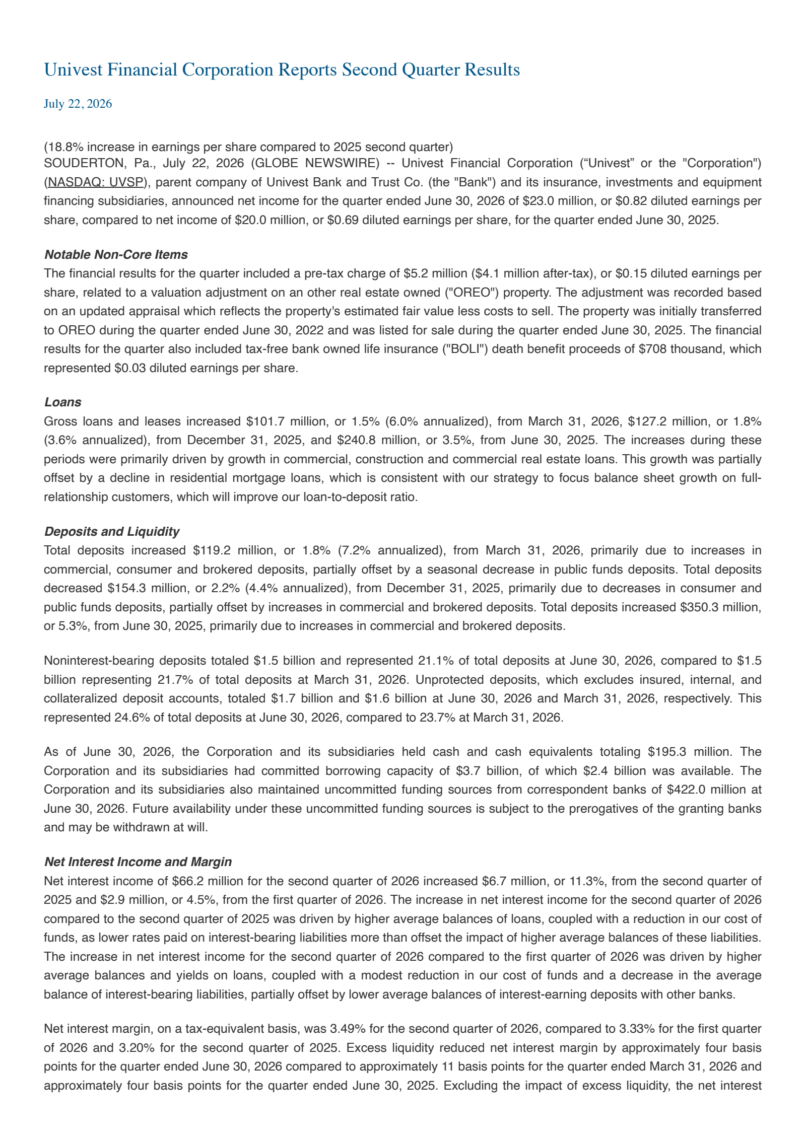 Univest Corporation of Pennsylvania's Q2 2026 Press Release
