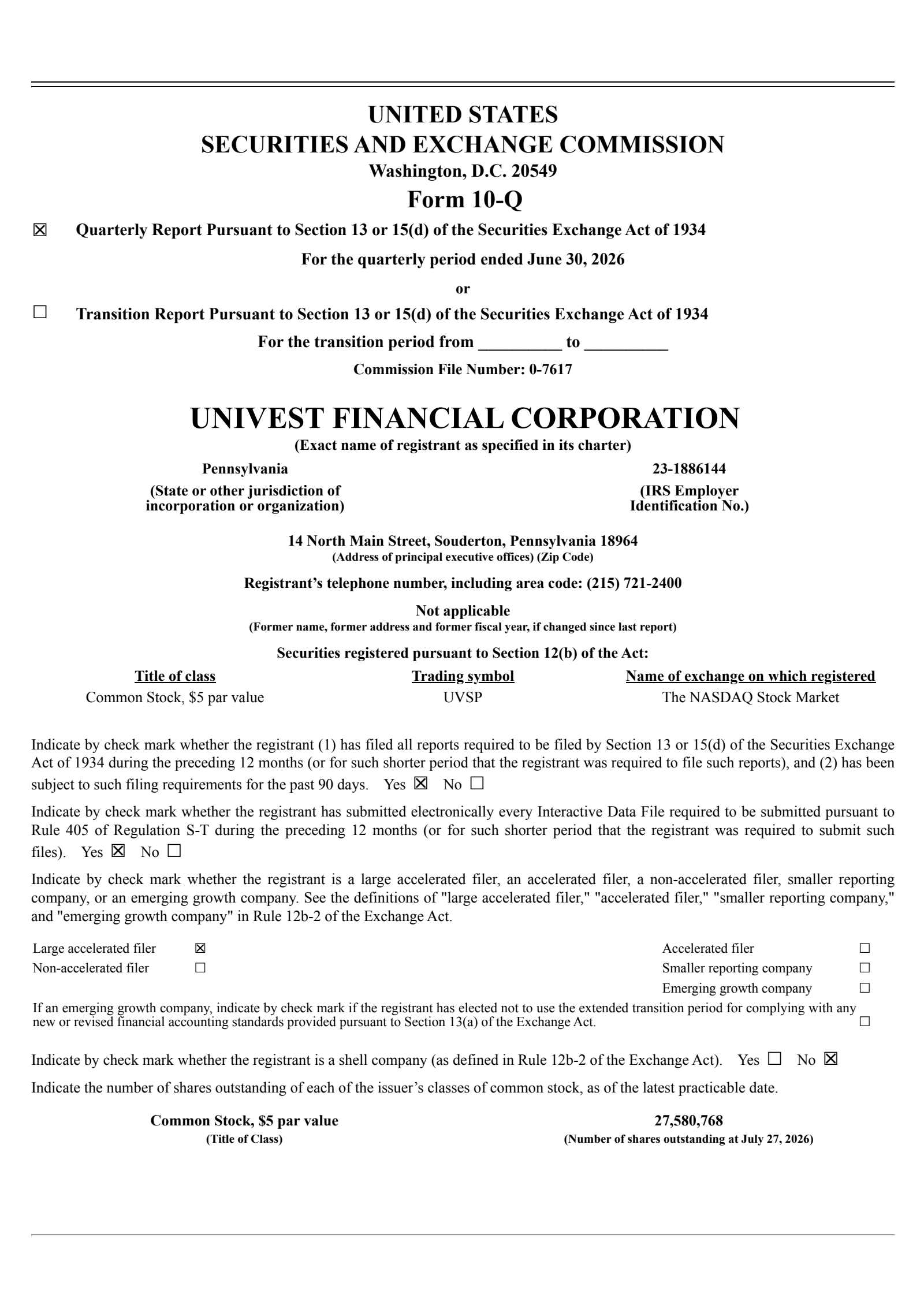 Univest Corporation of Pennsylvania's Q2 2026 Quarterly report