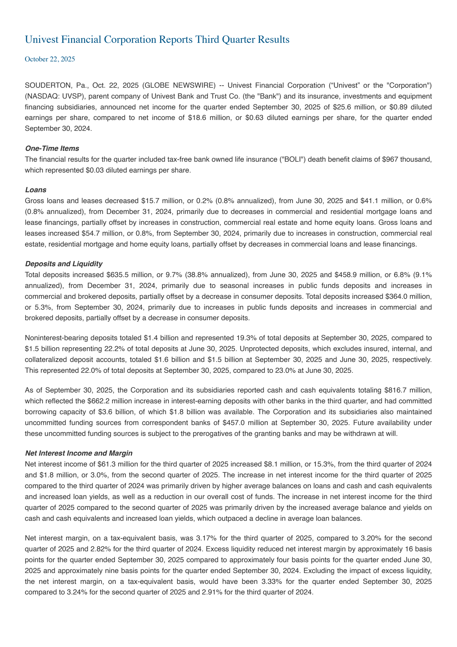 Univest Corporation of Pennsylvania's Q3 2025 Earnings Release