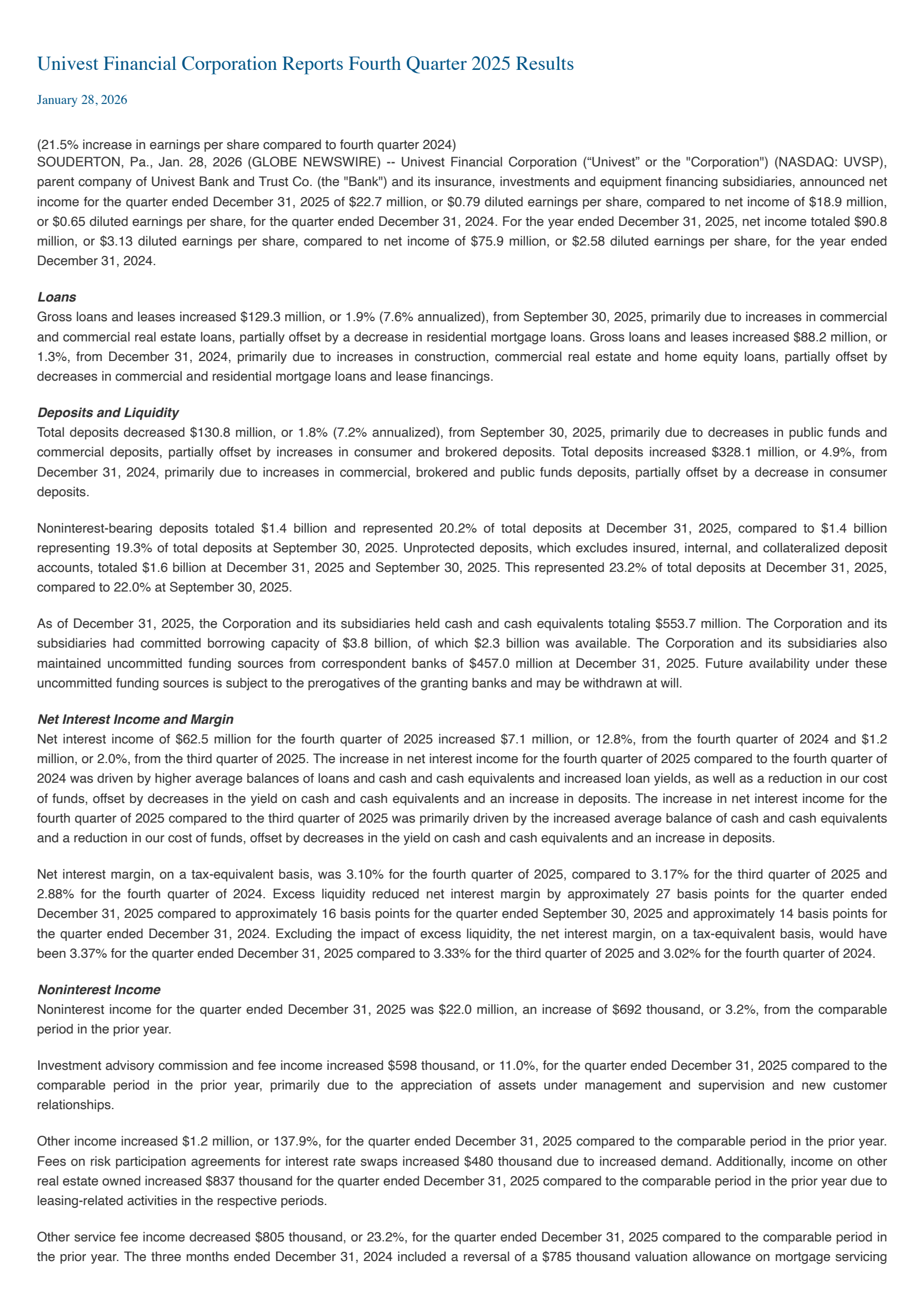 Univest Corporation of Pennsylvania's Q4 2025 Press Release