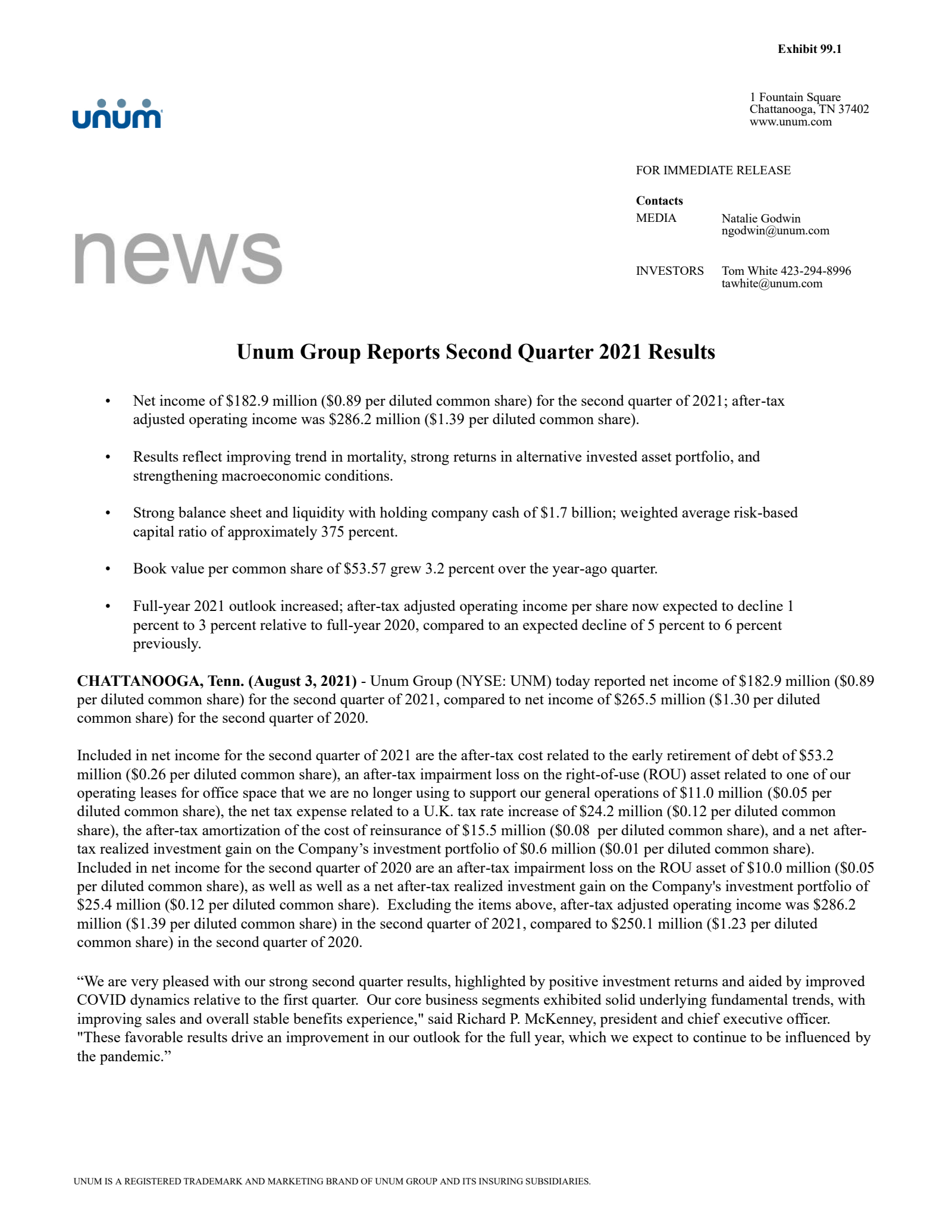 Unum Group's Q2 2021 Press Release