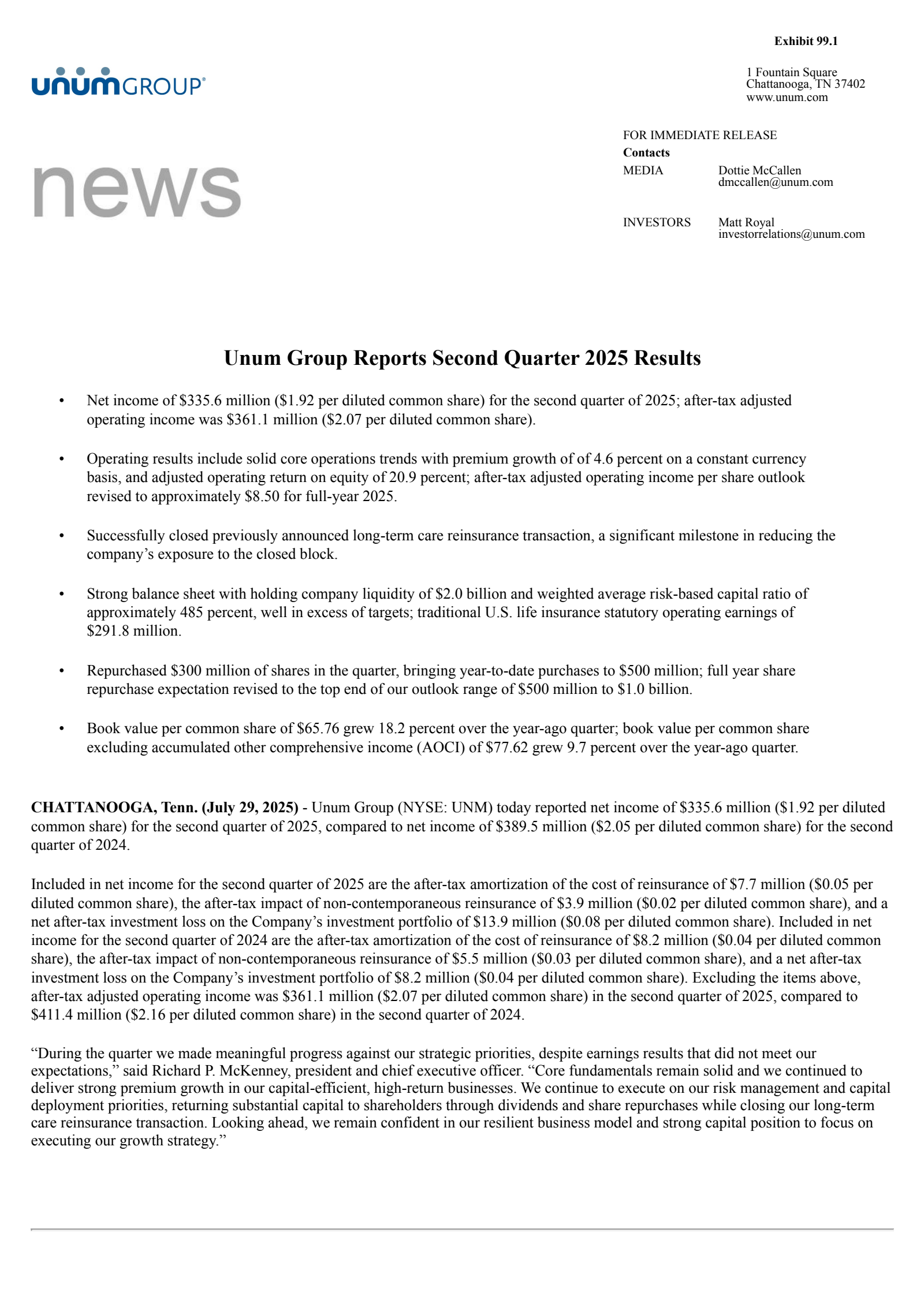 Unum Group's Q2 2025 Press Release