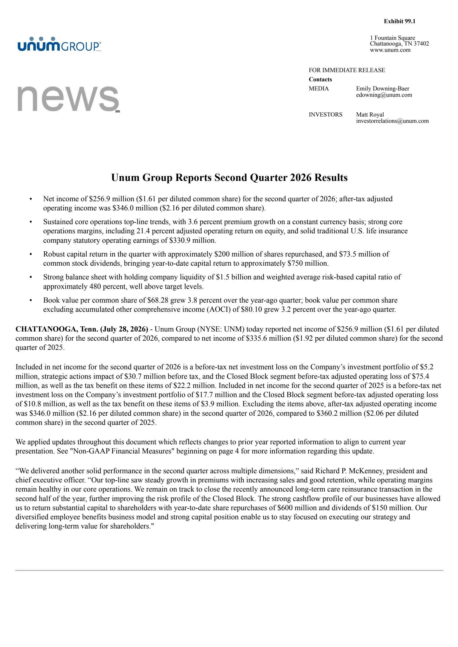Unum Group's Q2 2026 Press Release