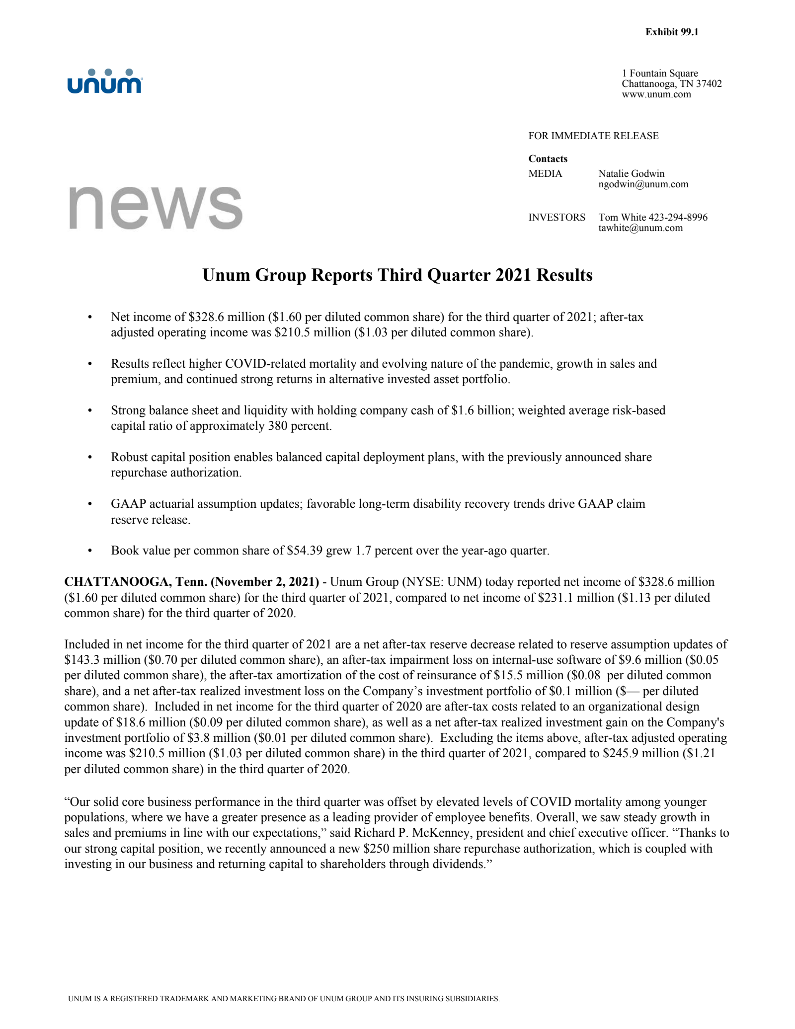 Unum Group's Q3 2021 Press Release