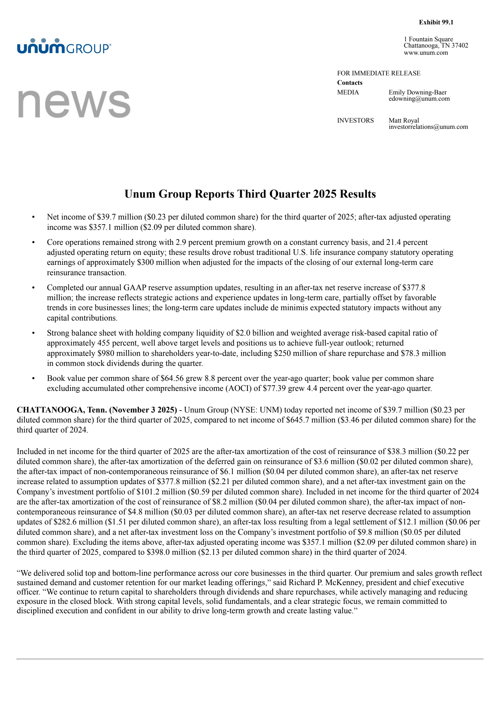 Unum Group's Q3 2025 Earnings Release