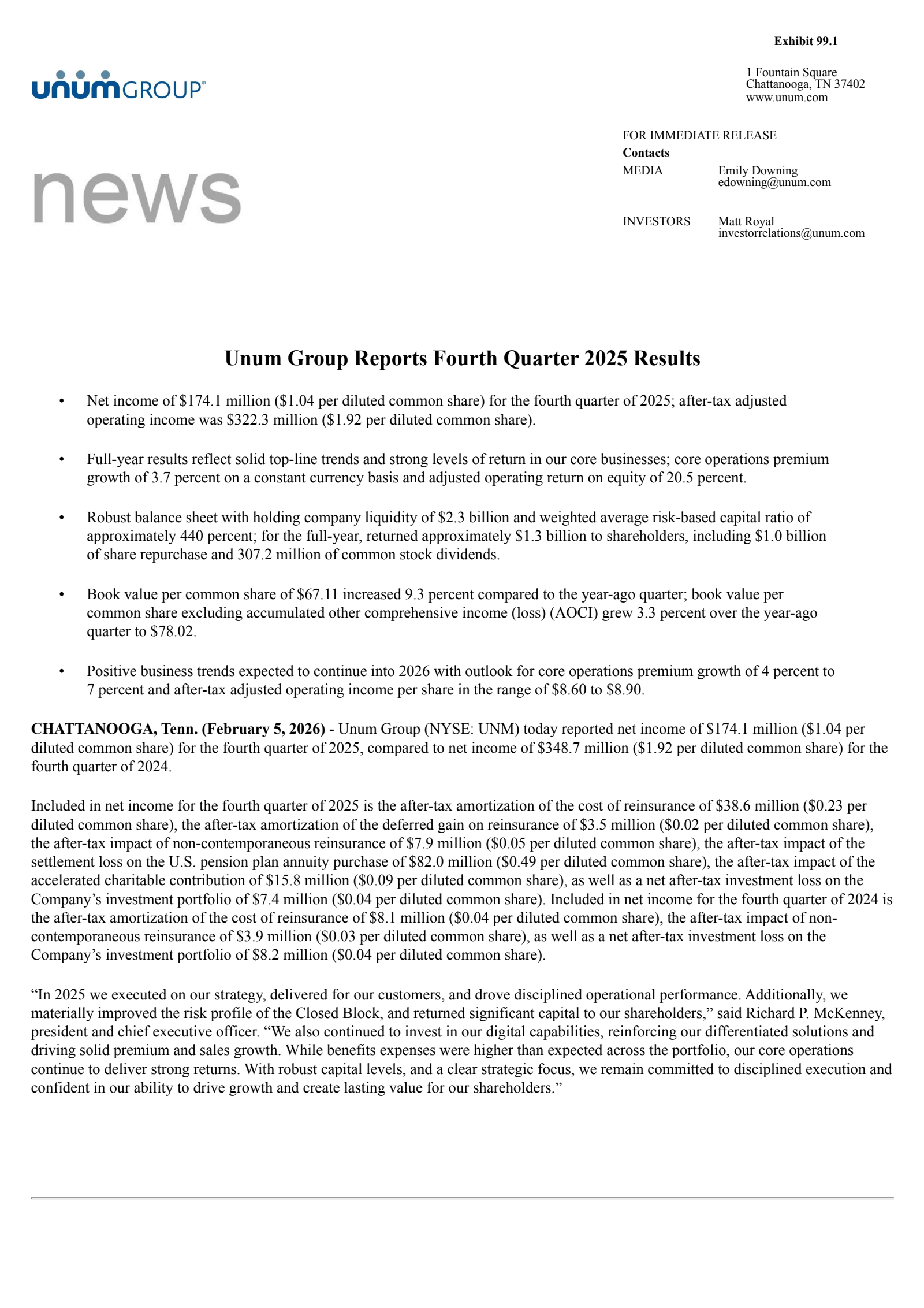 Unum Group's Q4 2025 Press Release