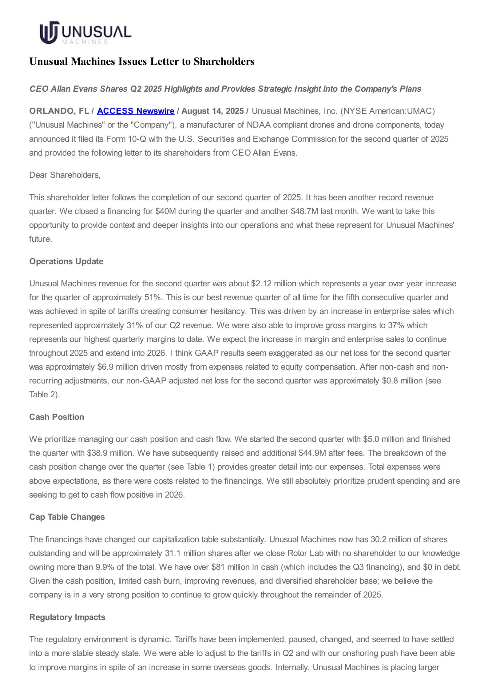 Unusual Machines' Q2 2025 Press Release