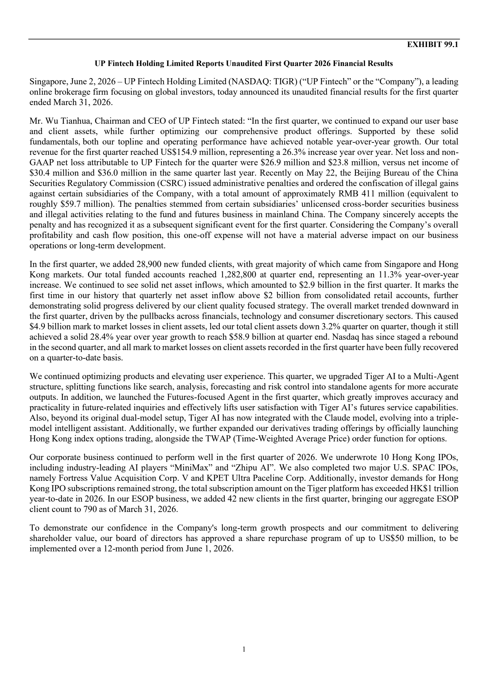 UP Fintech's Q1 2026 Press Release