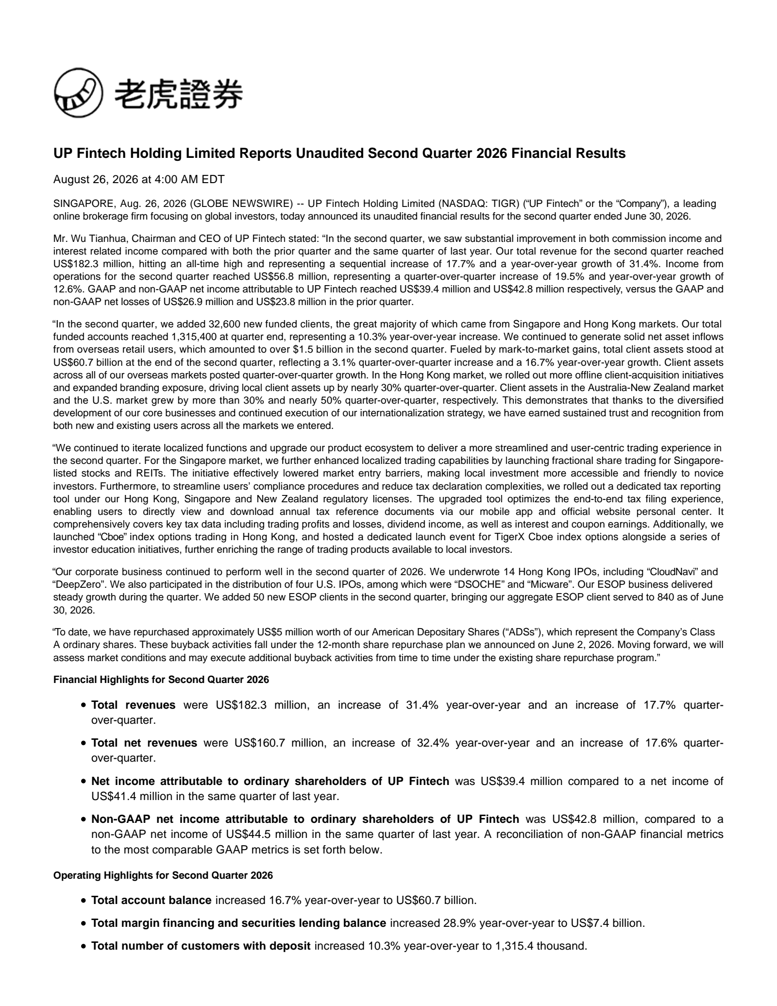 UP Fintech's Q2 2026 Press Release