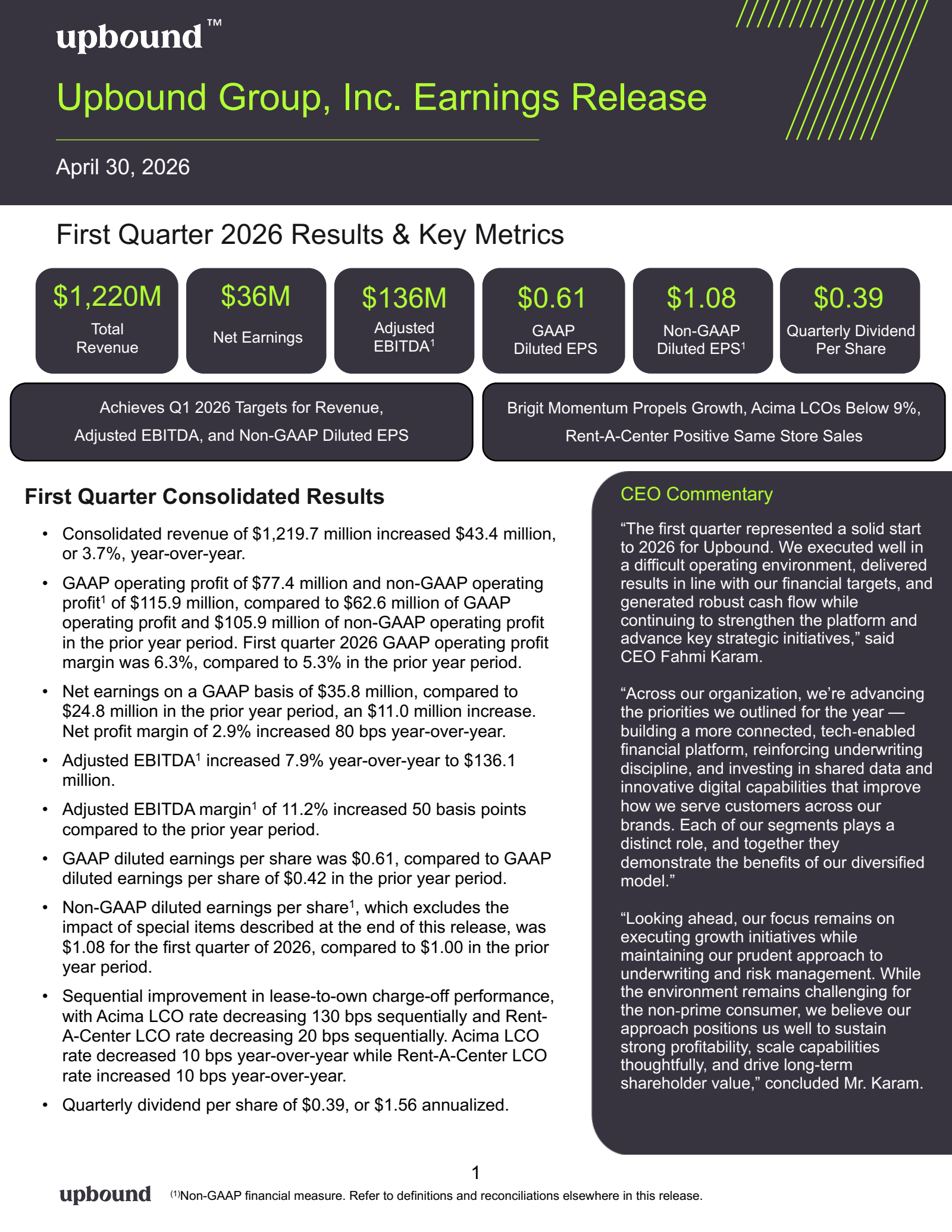 Upbound Group's Q1 2026 Press Release