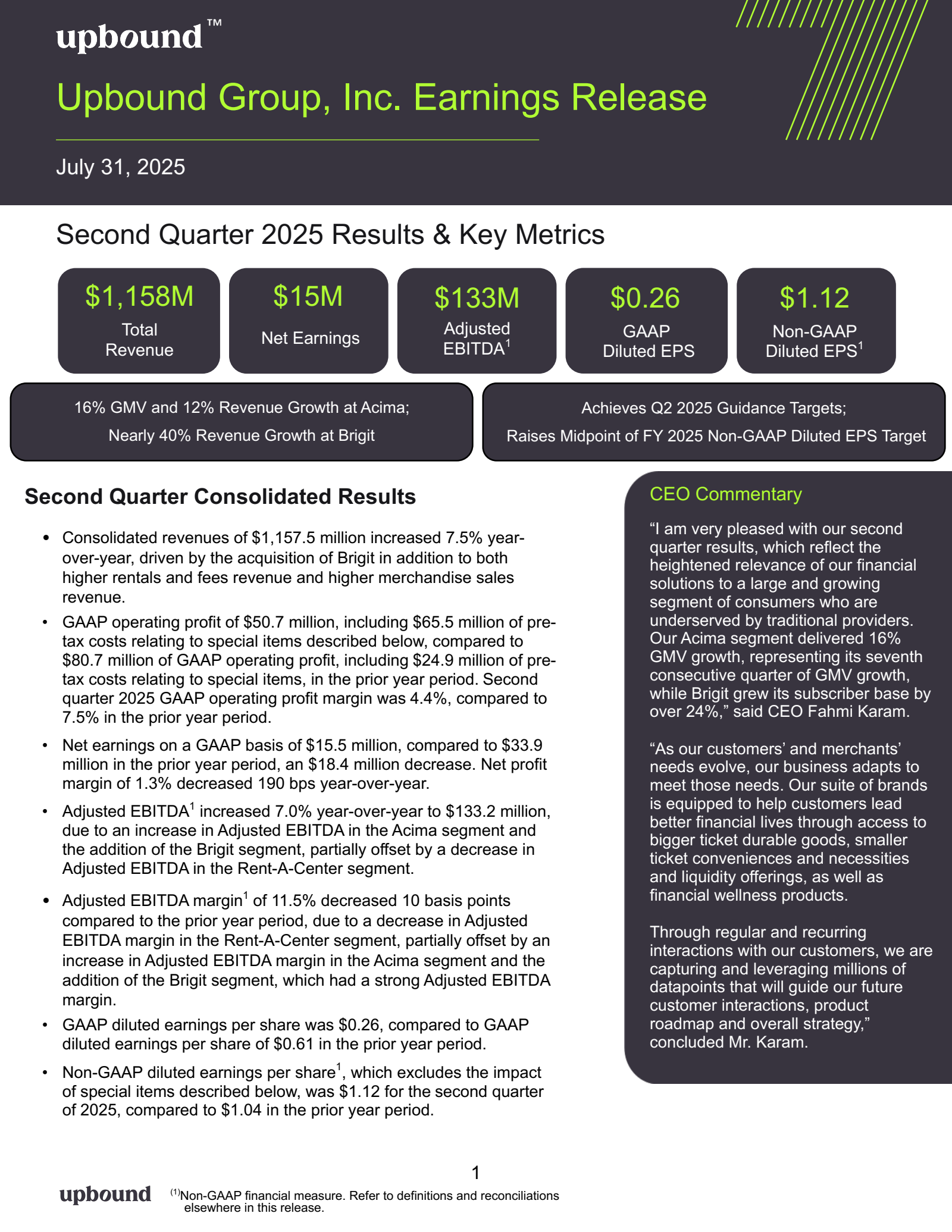 Upbound Group's Q2 2025 Press Release