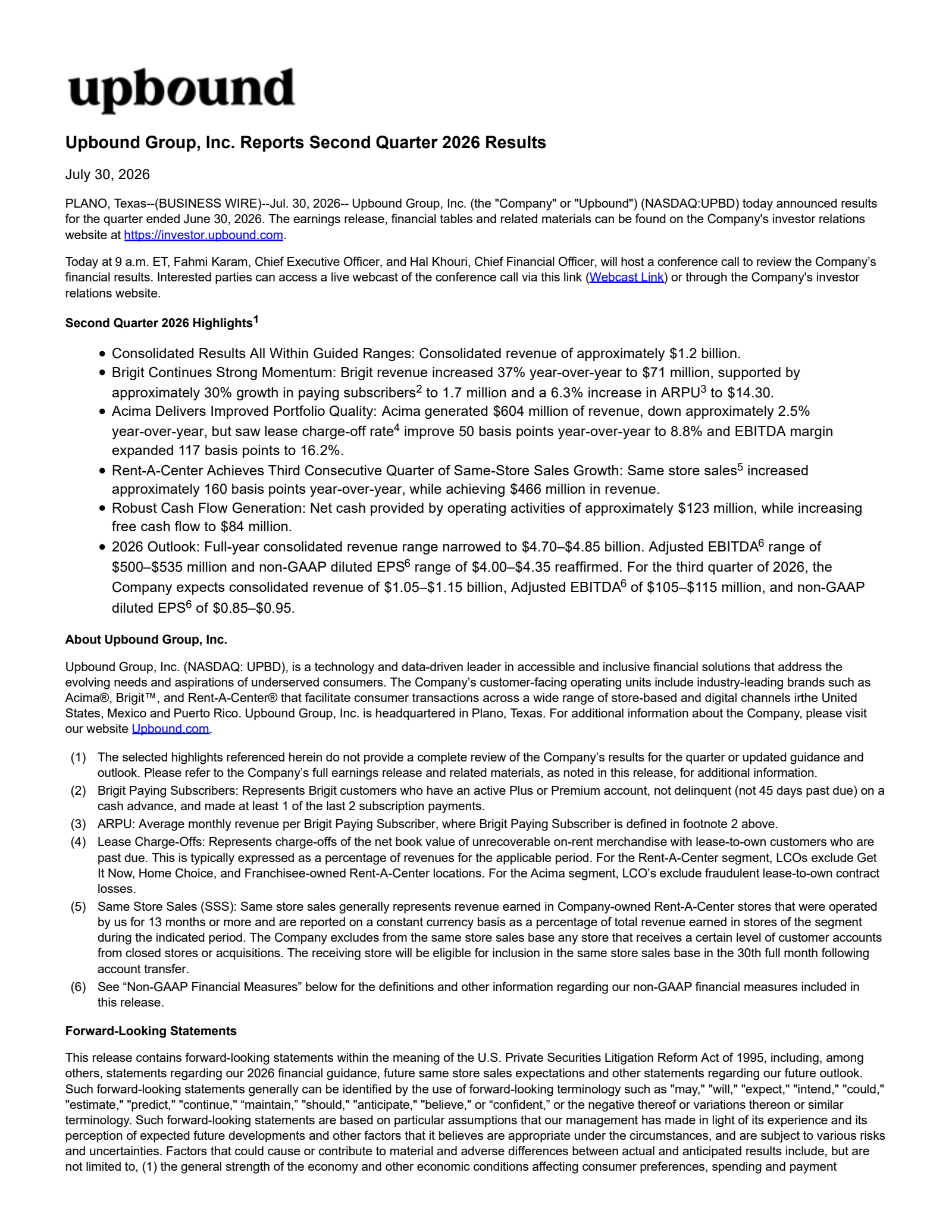 Upbound Group's Q2 2026 Press Release