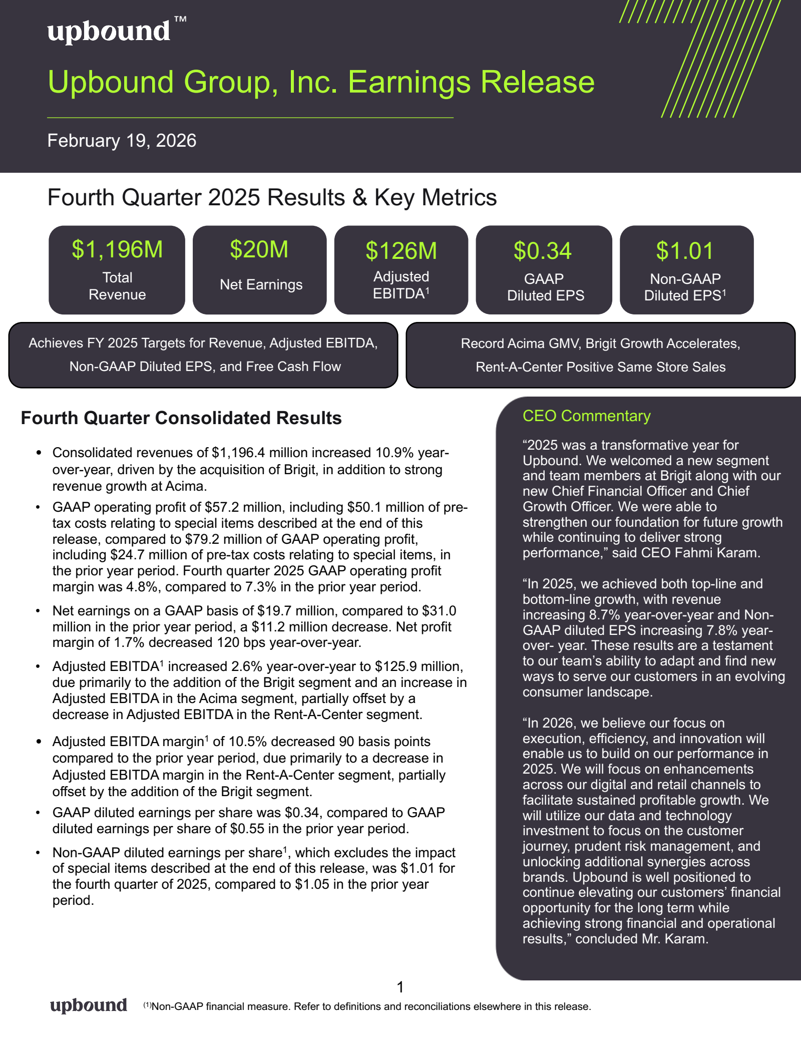 Upbound Group's Q4 2025 Press Release