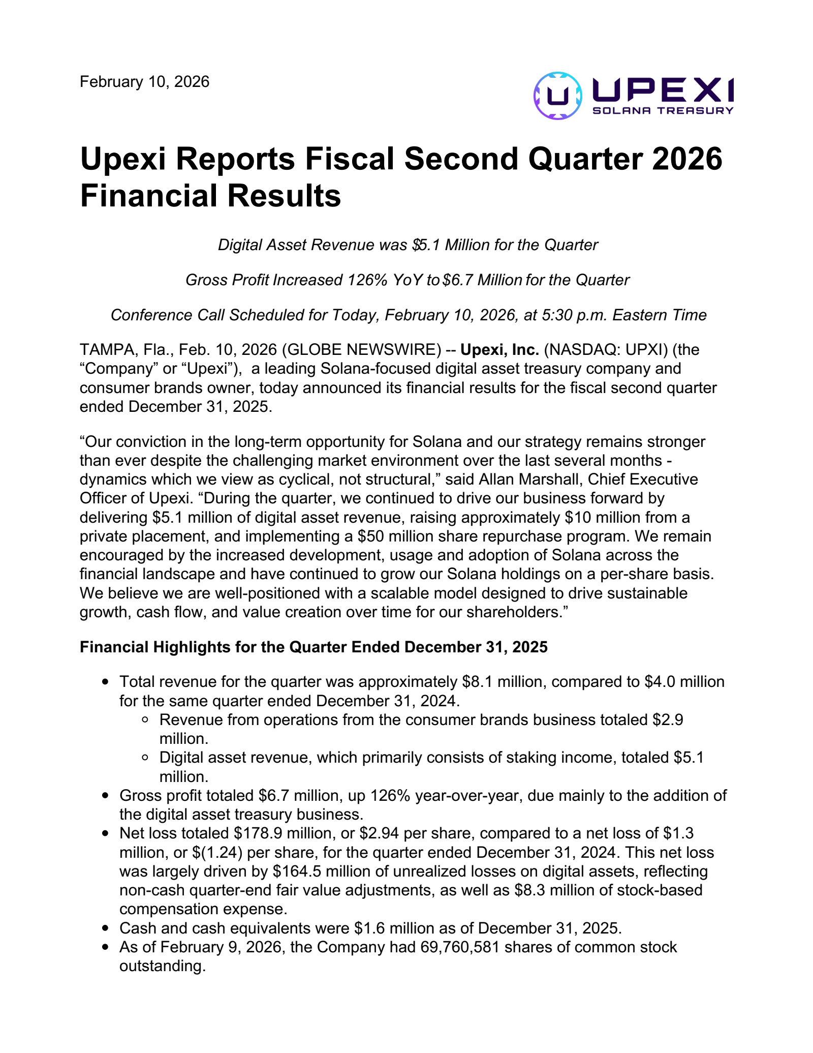 Upexi's Q2 2026 Press Release