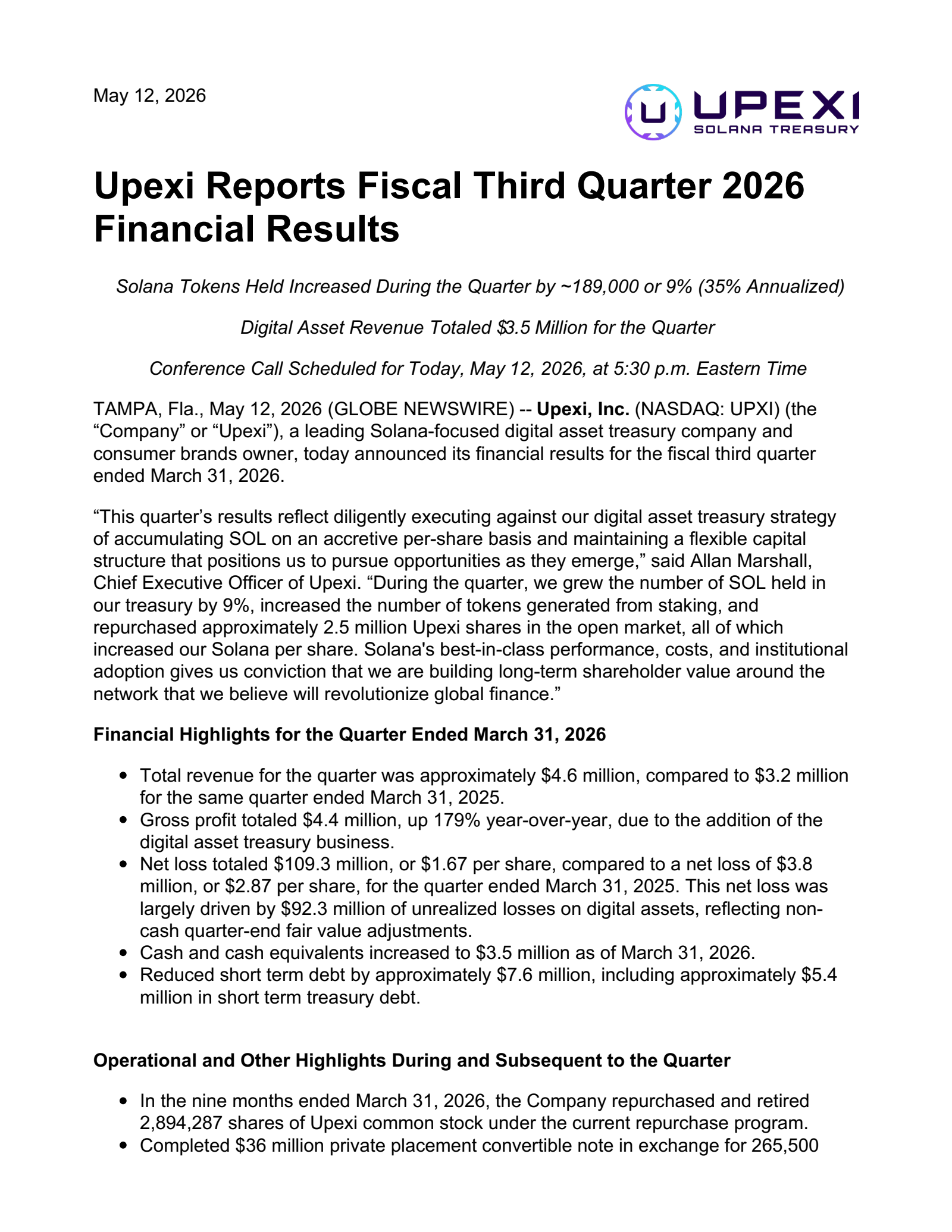 Upexi's Q3 2026 Press Release