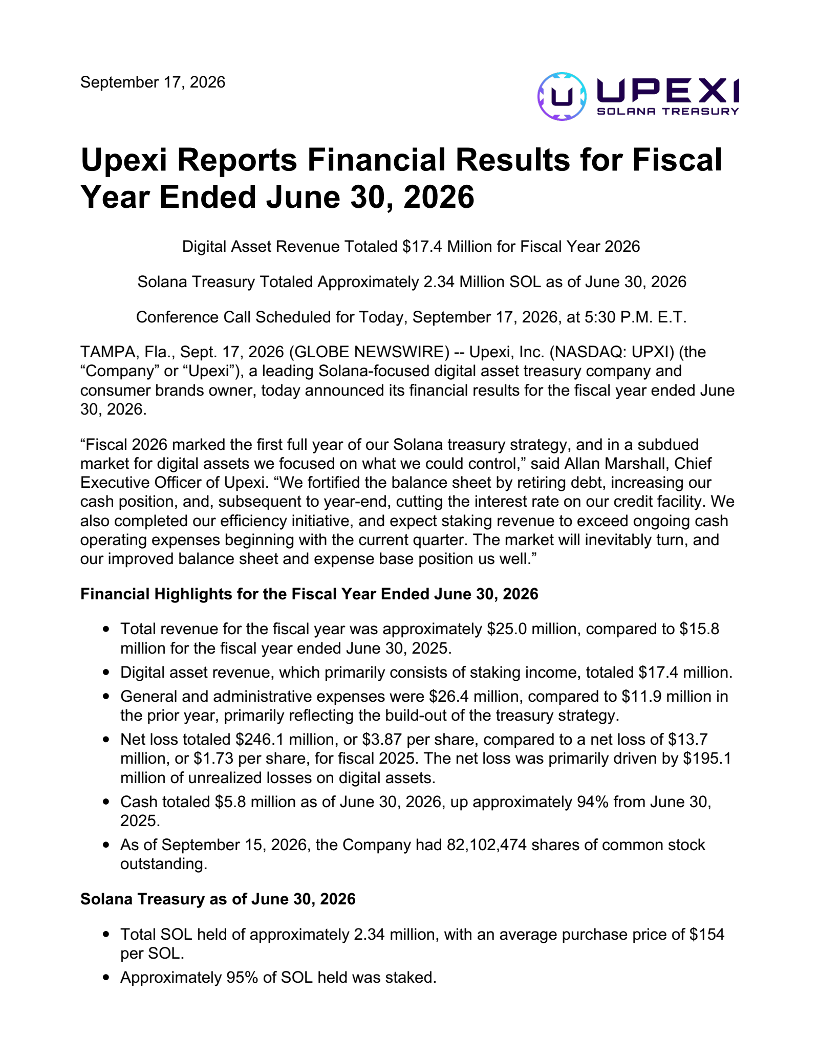 Upexi's Q4 2026 Press Release