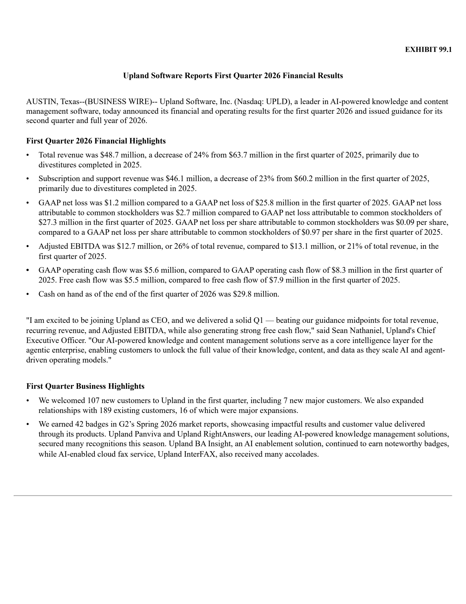 Upland Software's Q1 2026 Press Release