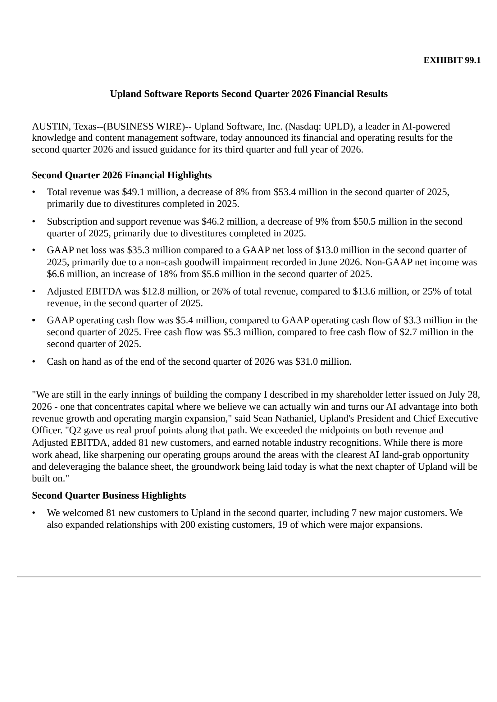 Upland Software's Q2 2026 Press Release