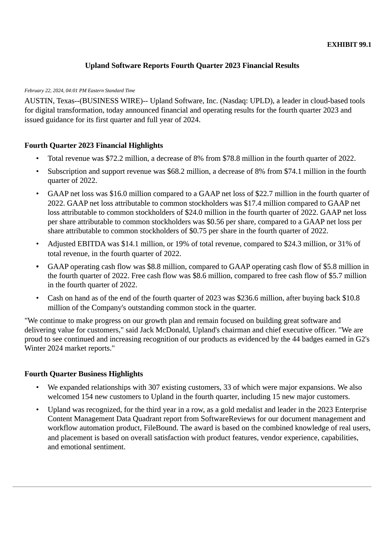 Upland Software's Q4 2023 Press Release