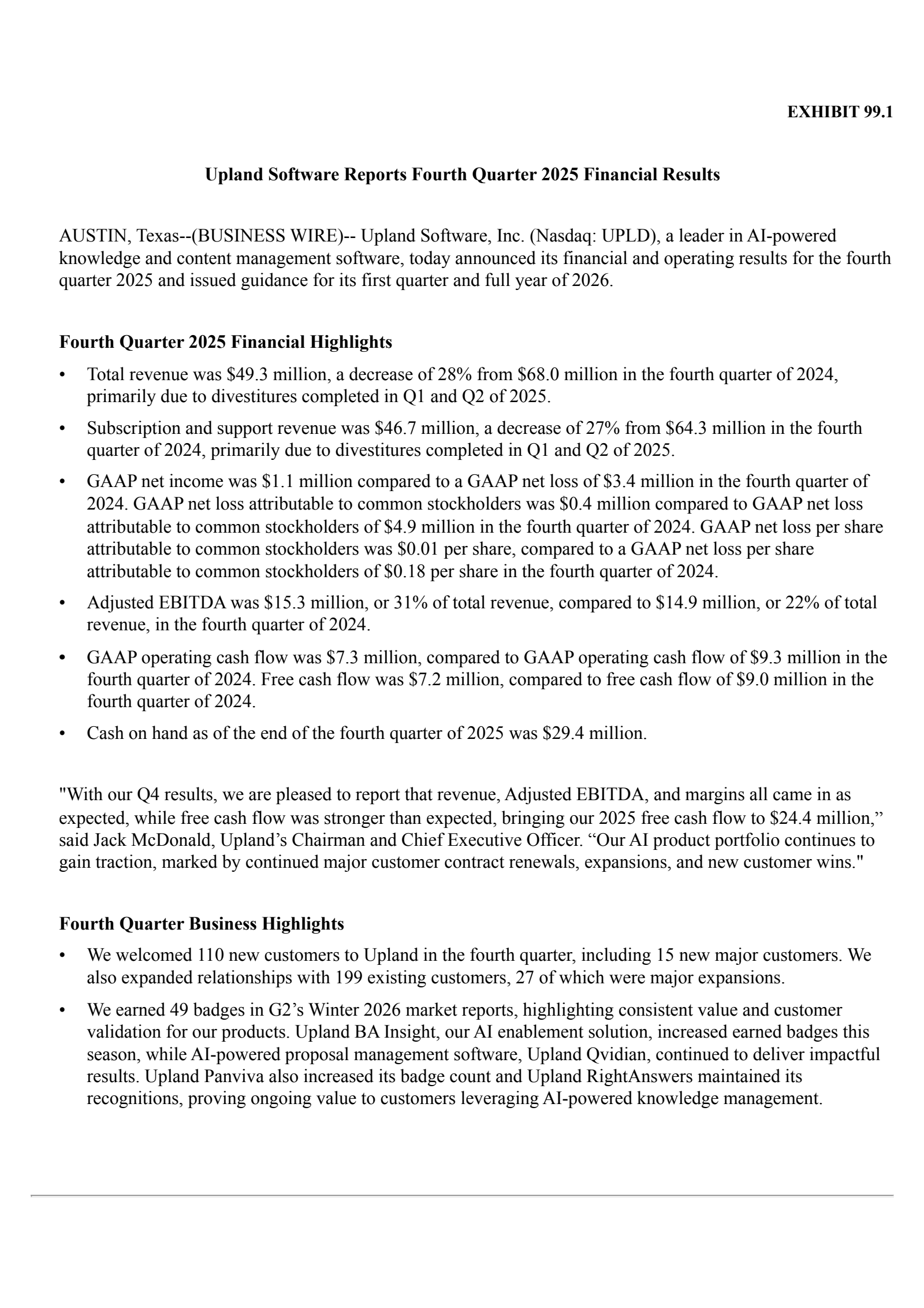 Upland Software's Q4 2025 Press Release