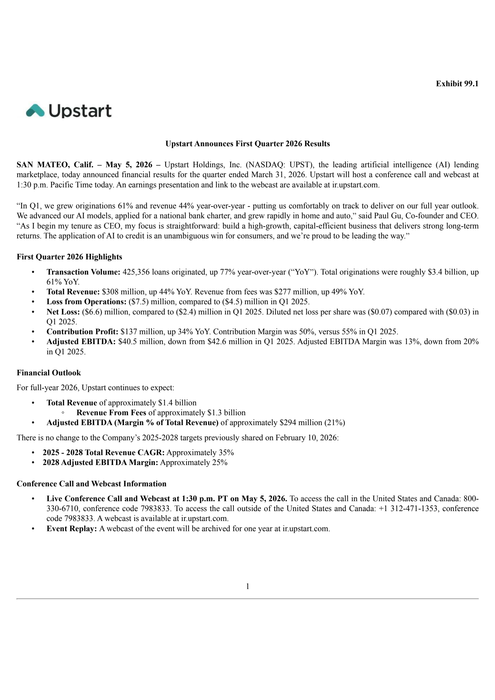 Upstart's Q1 2026 Press Release