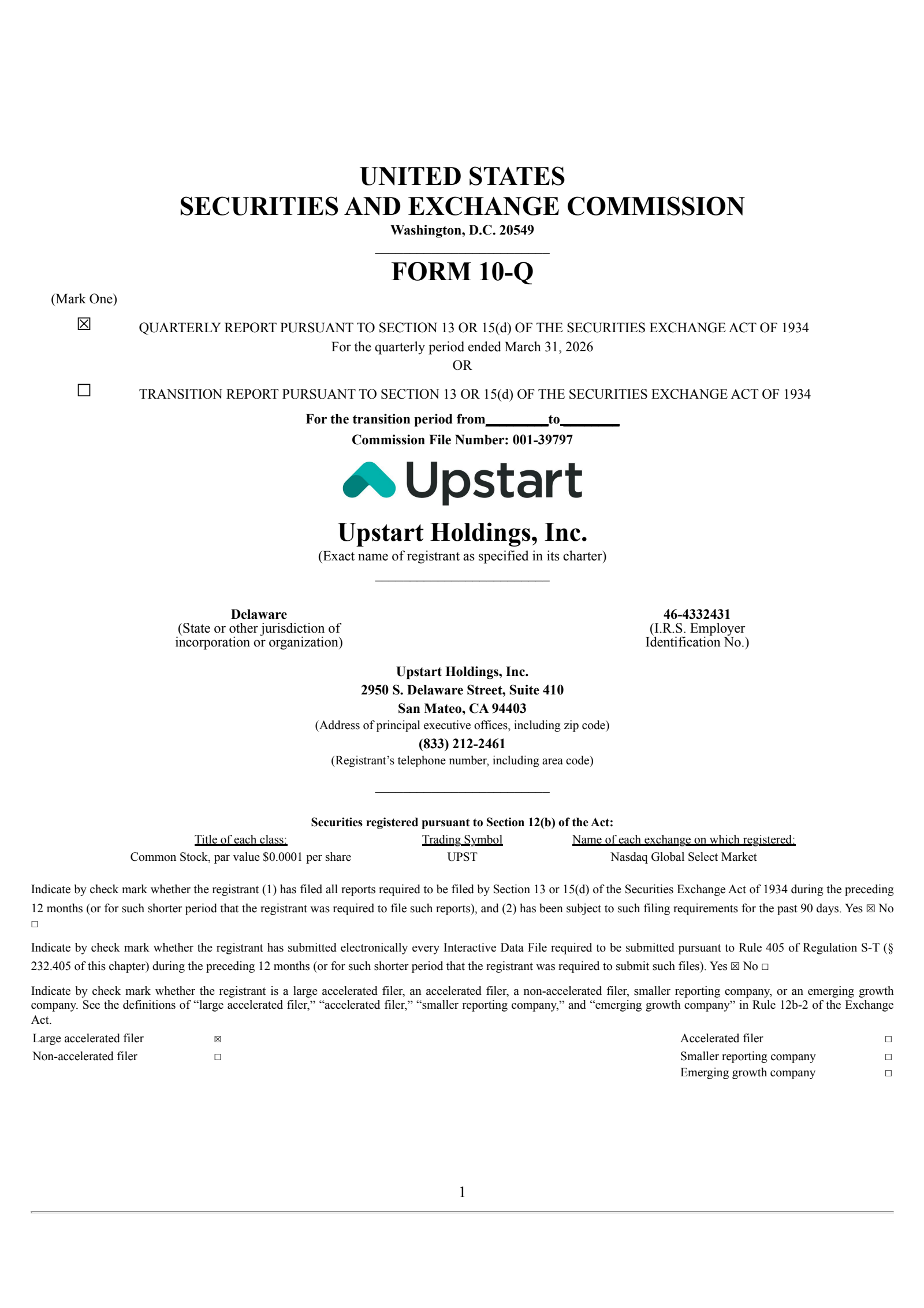 Upstart's Q1 2026 Quarterly report