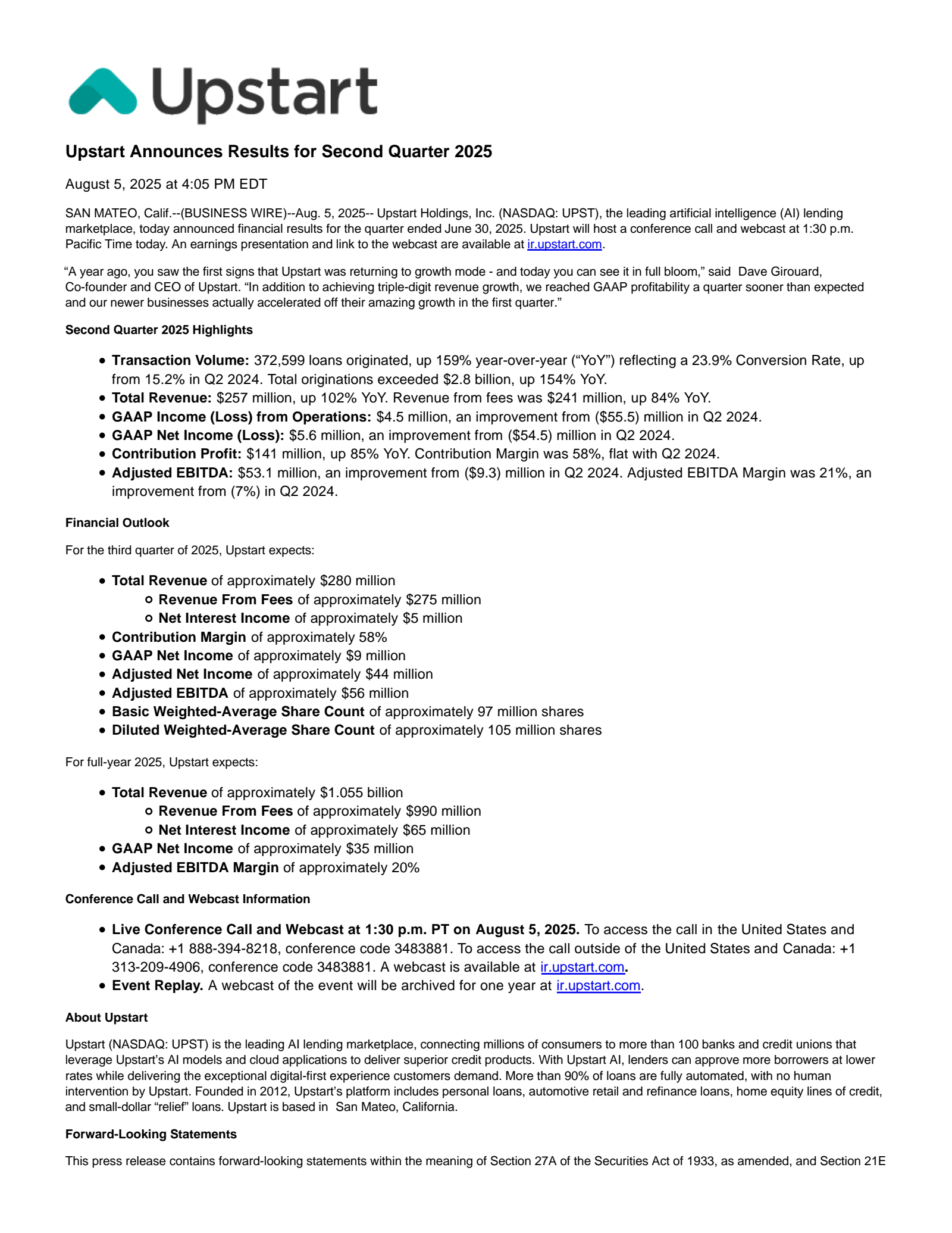 Upstart's Q2 2025 Press Release