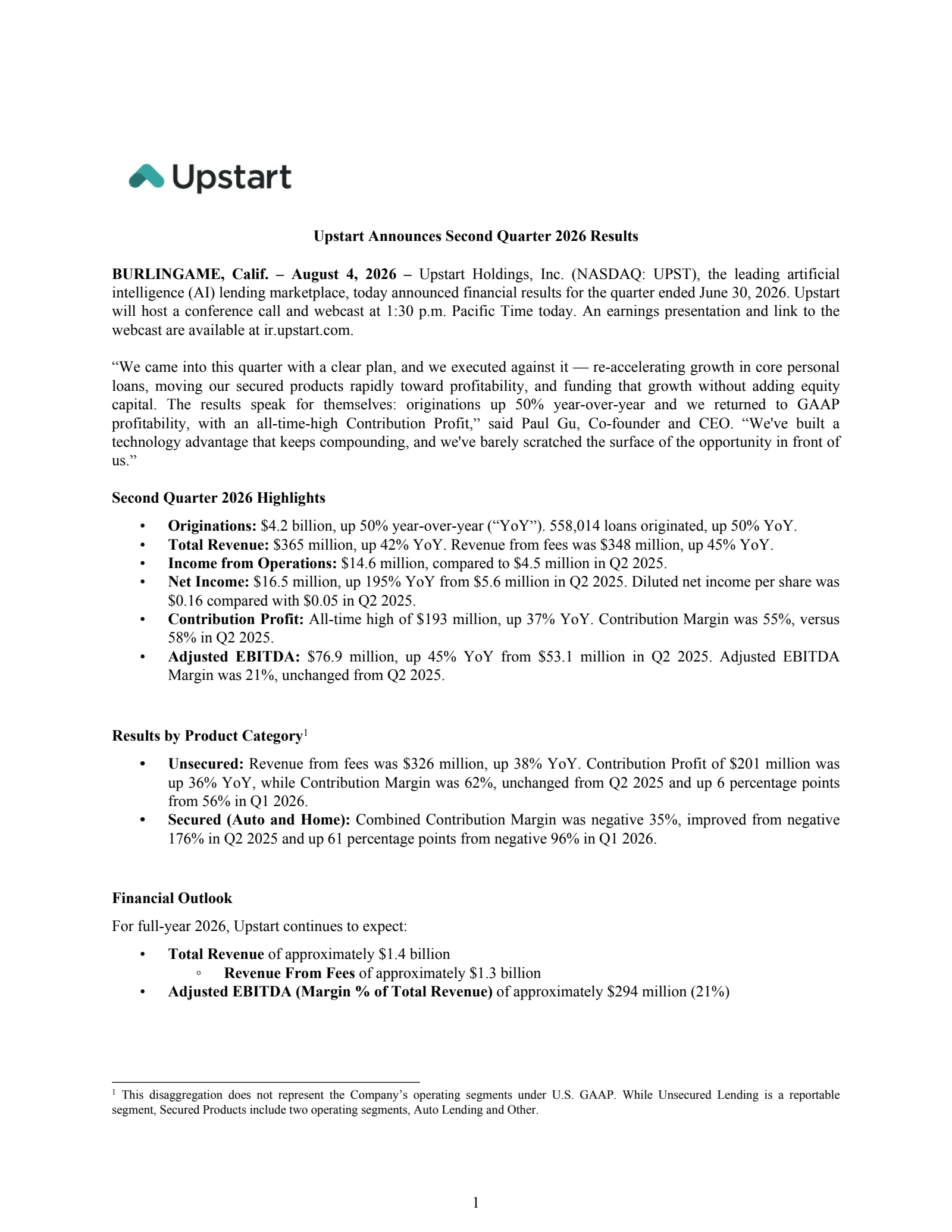 Upstart's Q2 2026 Press Release