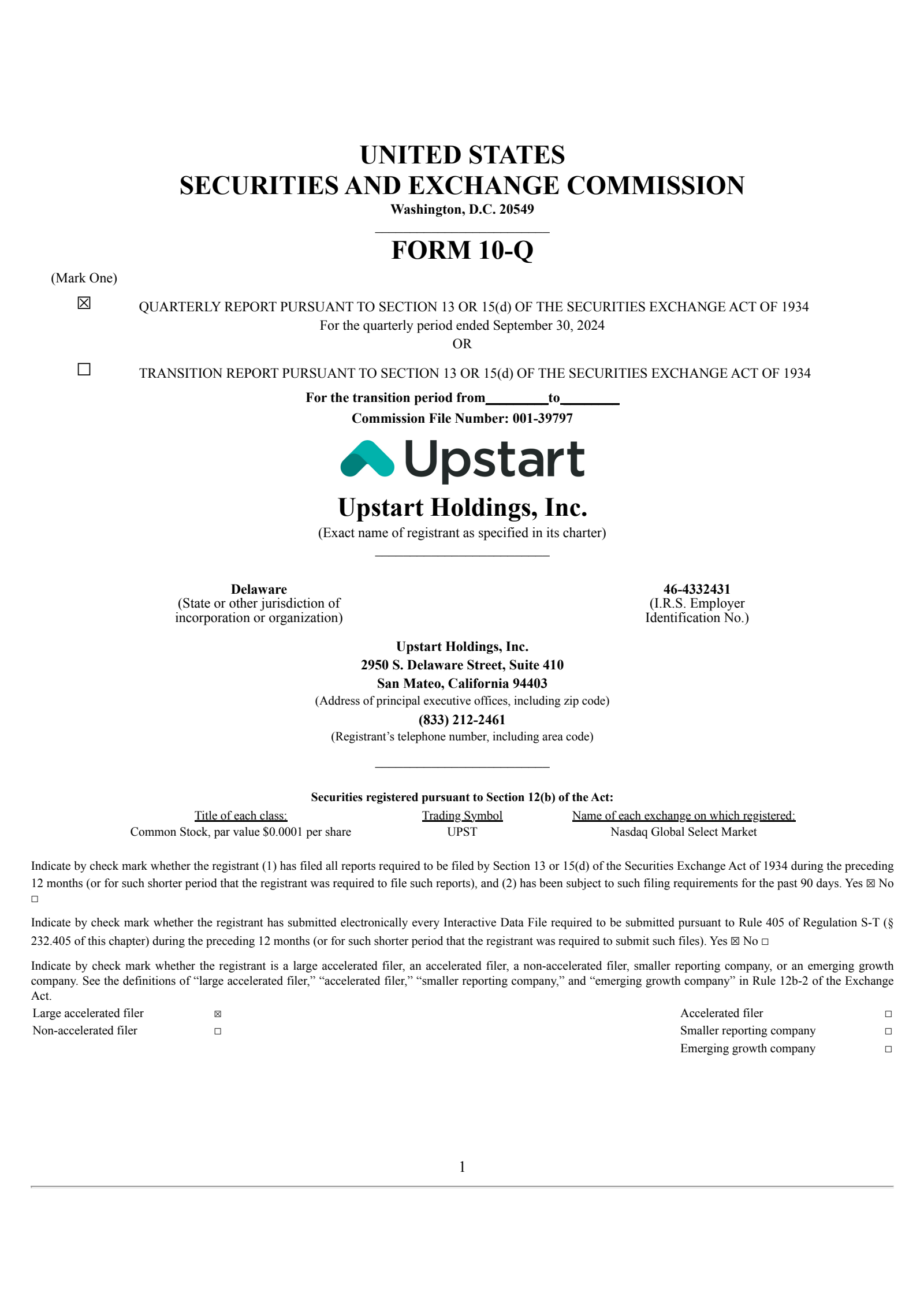 Upstart's Q3 2024 Quarterly report