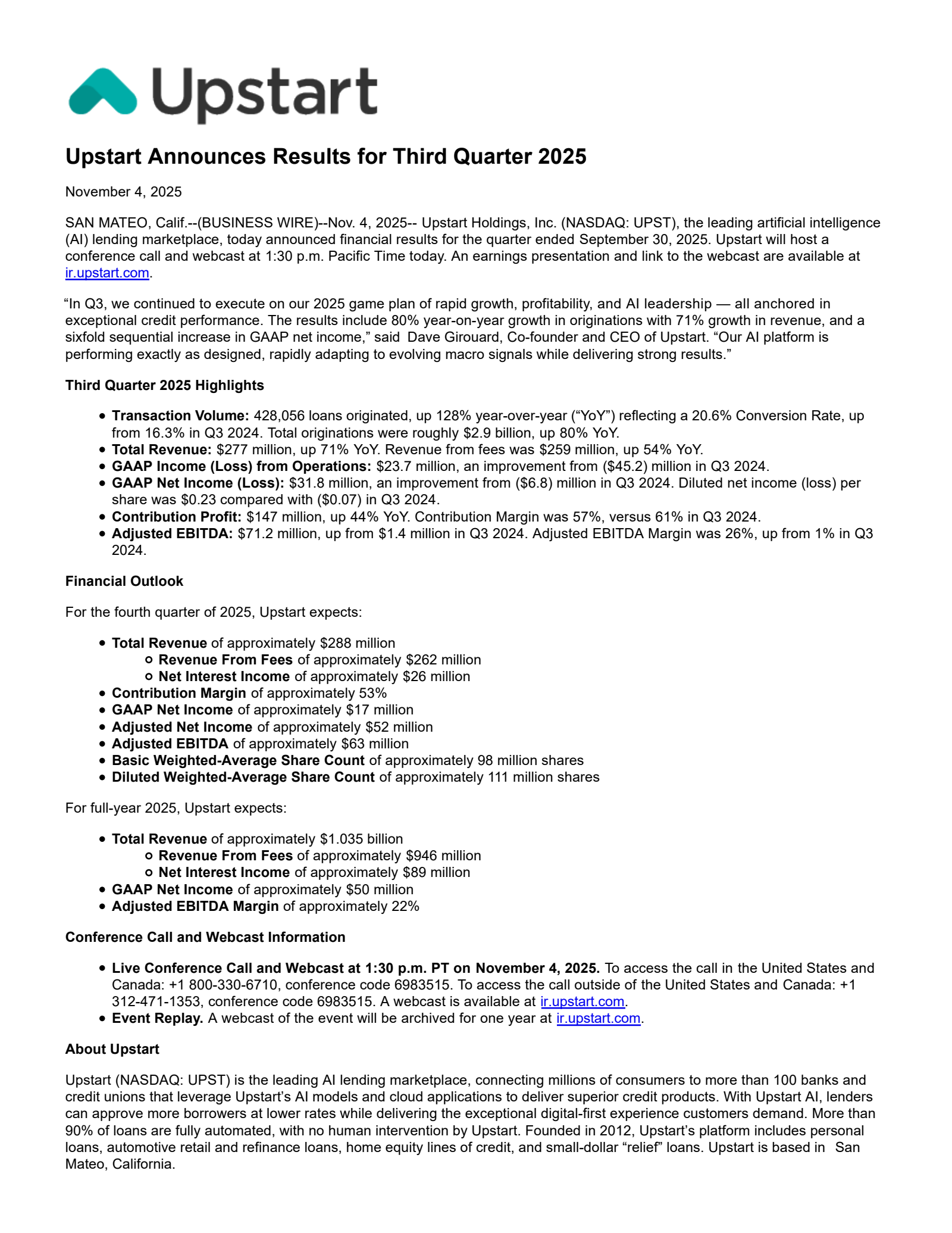 Upstart's Q3 2025 Earnings Release