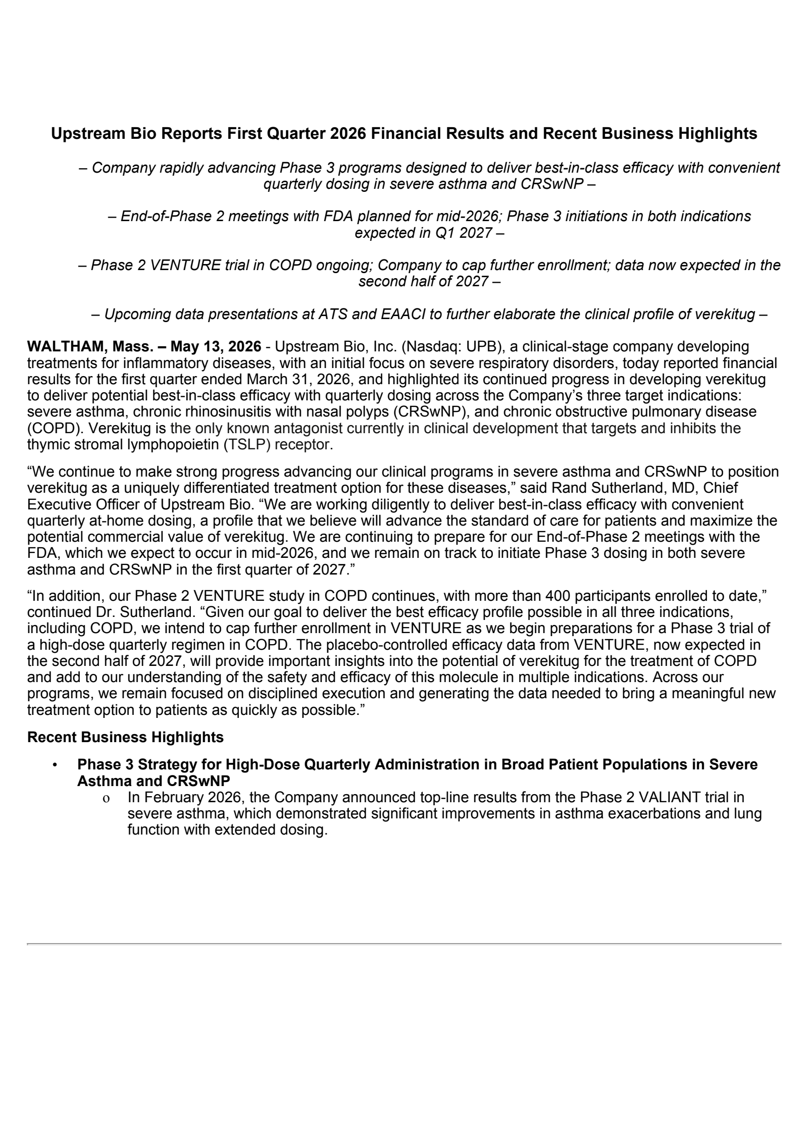 UPB Q1 2026 Earnings Report on 5/13/2026