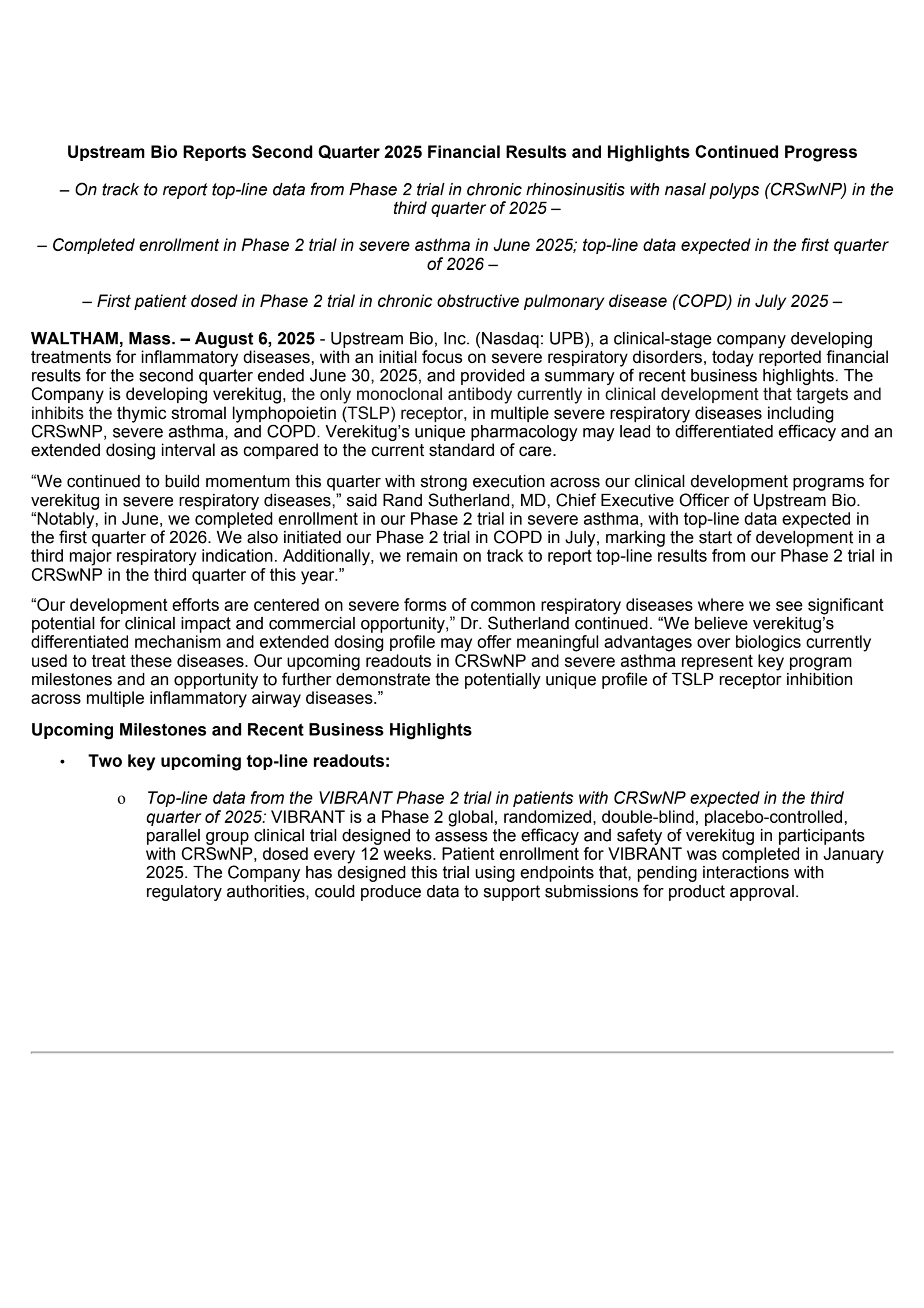 Upstream Bio's Q2 2025 Press Release