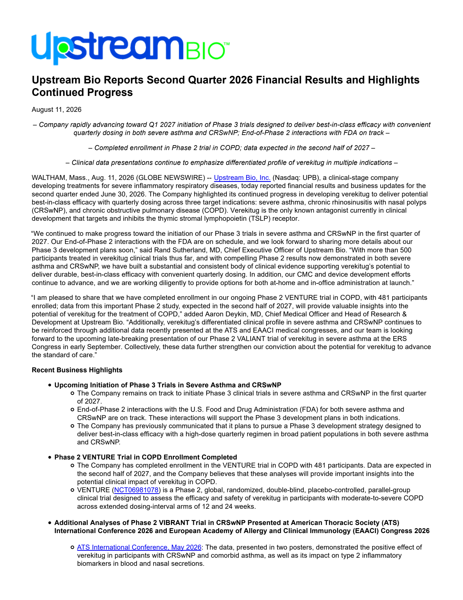 Upstream Bio's Q2 2026 Press Release