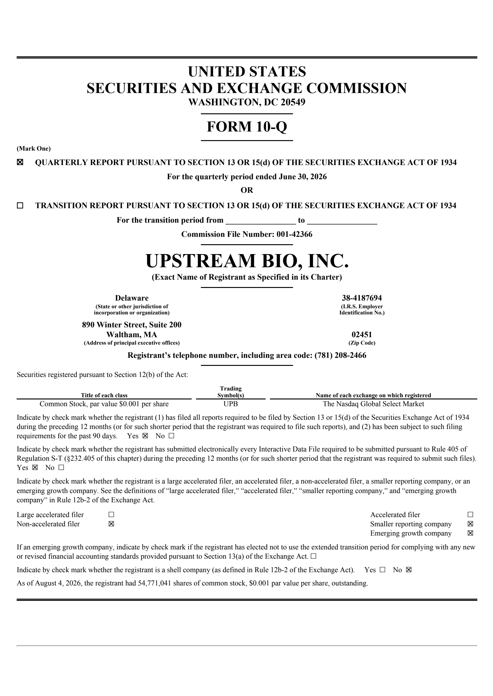 Upstream Bio's Q2 2026 Quarterly report