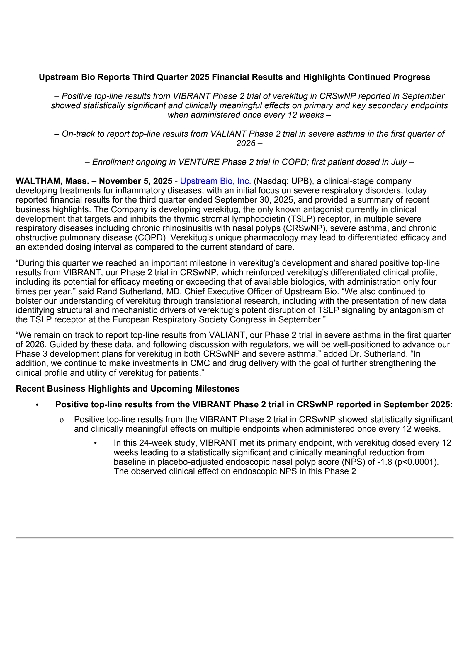 Upstream Bio's Q3 2025 Earnings Release