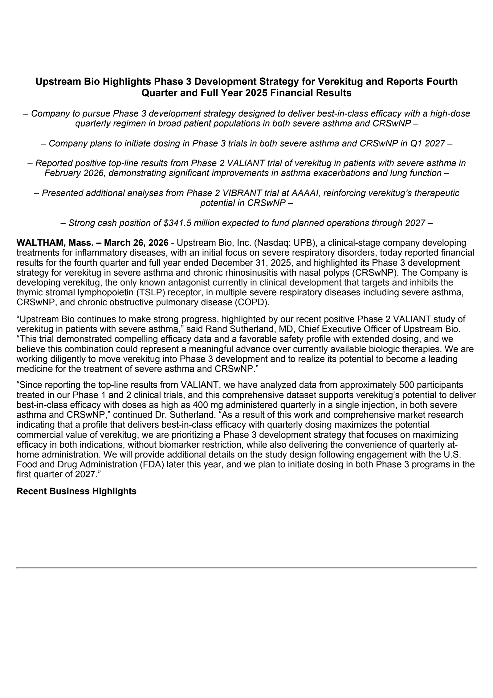 Upstream Bio's Q4 2025 Press Release