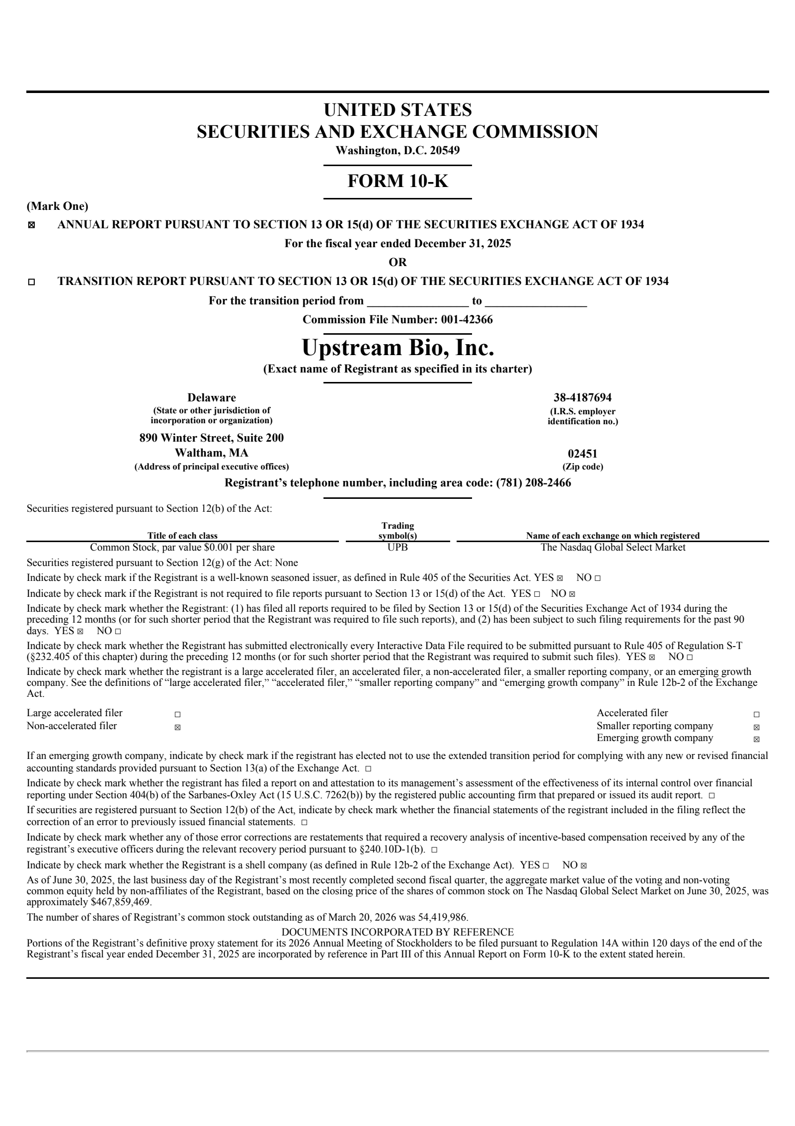Upstream Bio's Q4 2025 Annual report